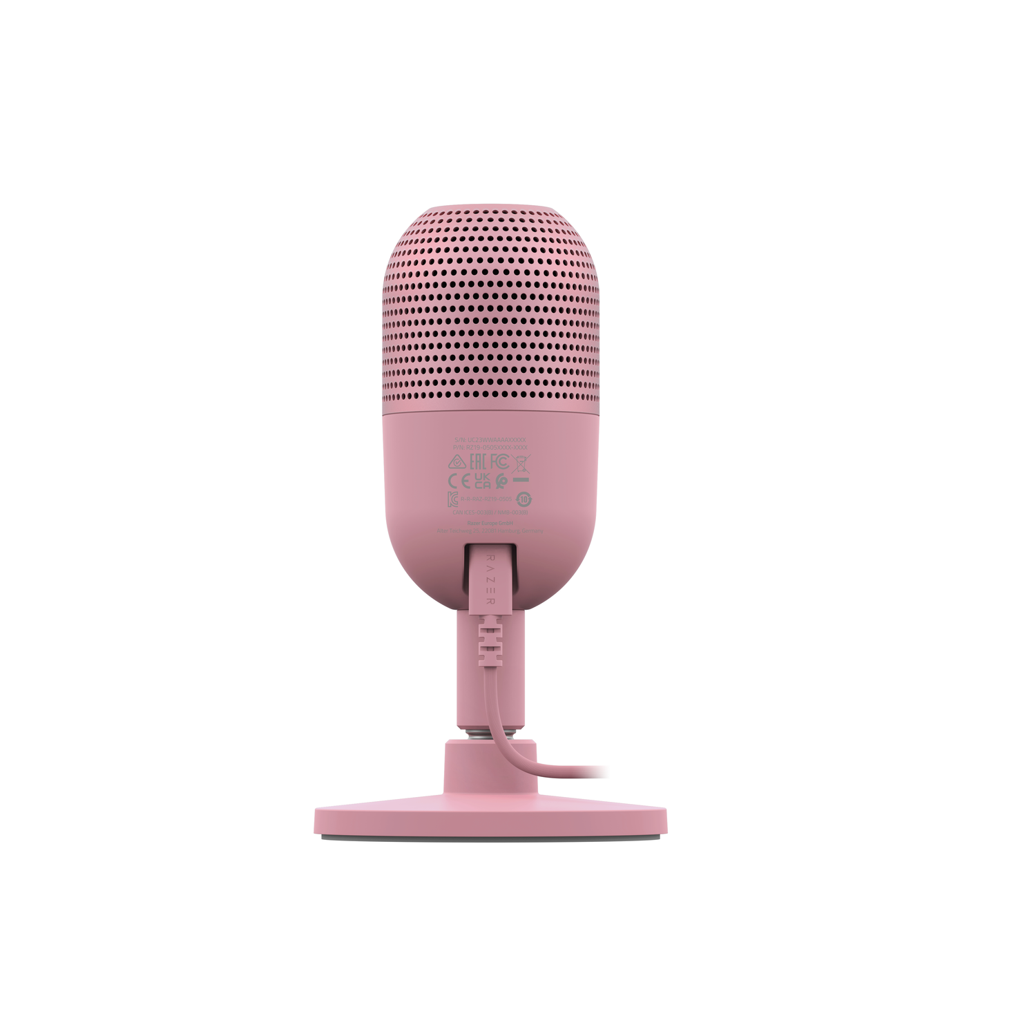 Pink microphone on a stand. The microphone is cylindrical with a mesh top, and the base is circular.