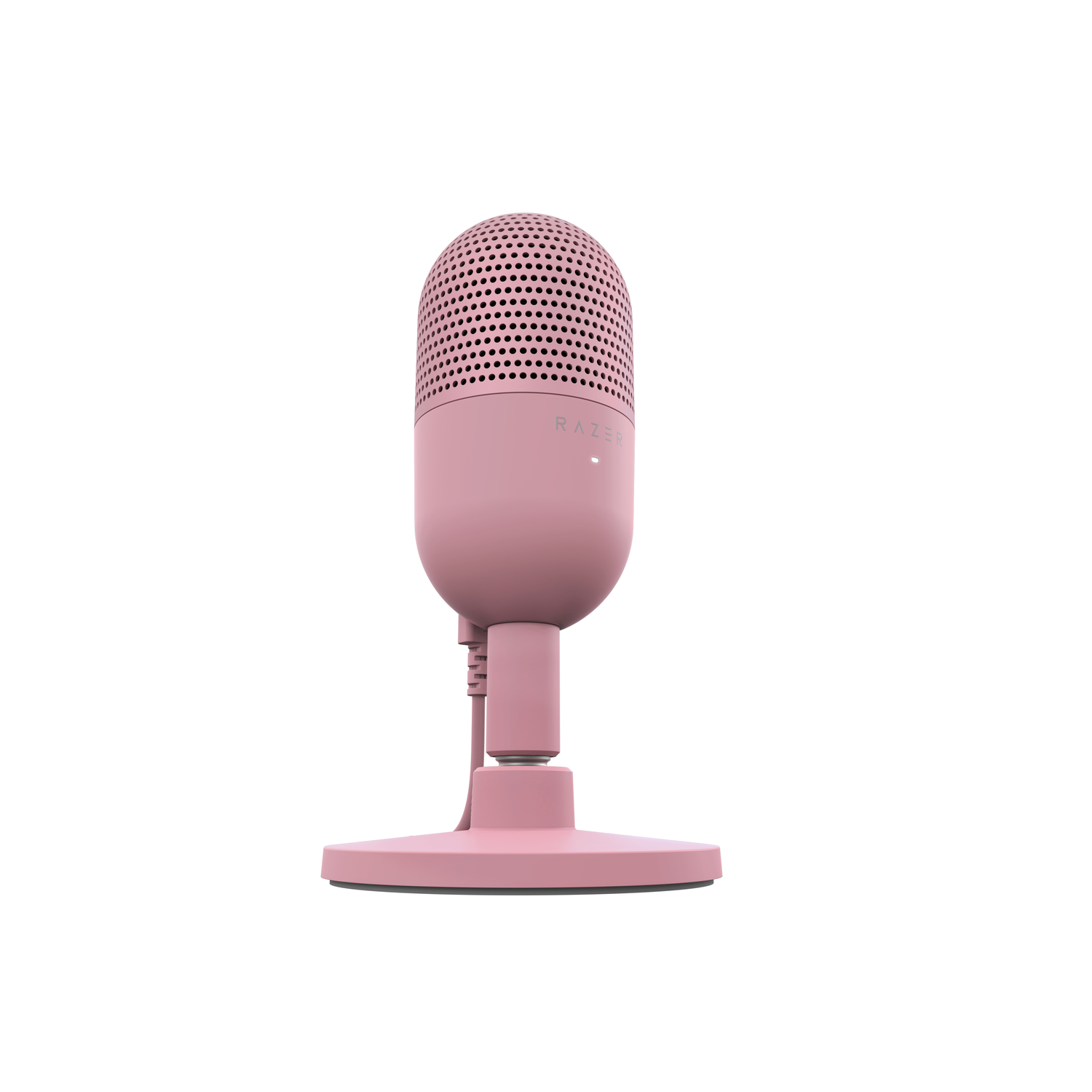 Pink microphone on a stand with a mesh top. The base is circular and the background is white.