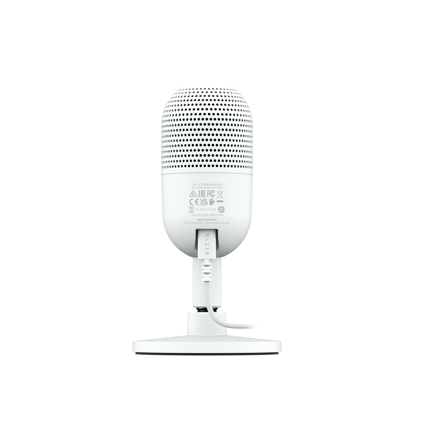 White USB microphone on a stand. The bottom of the microphone and its cable are visible.