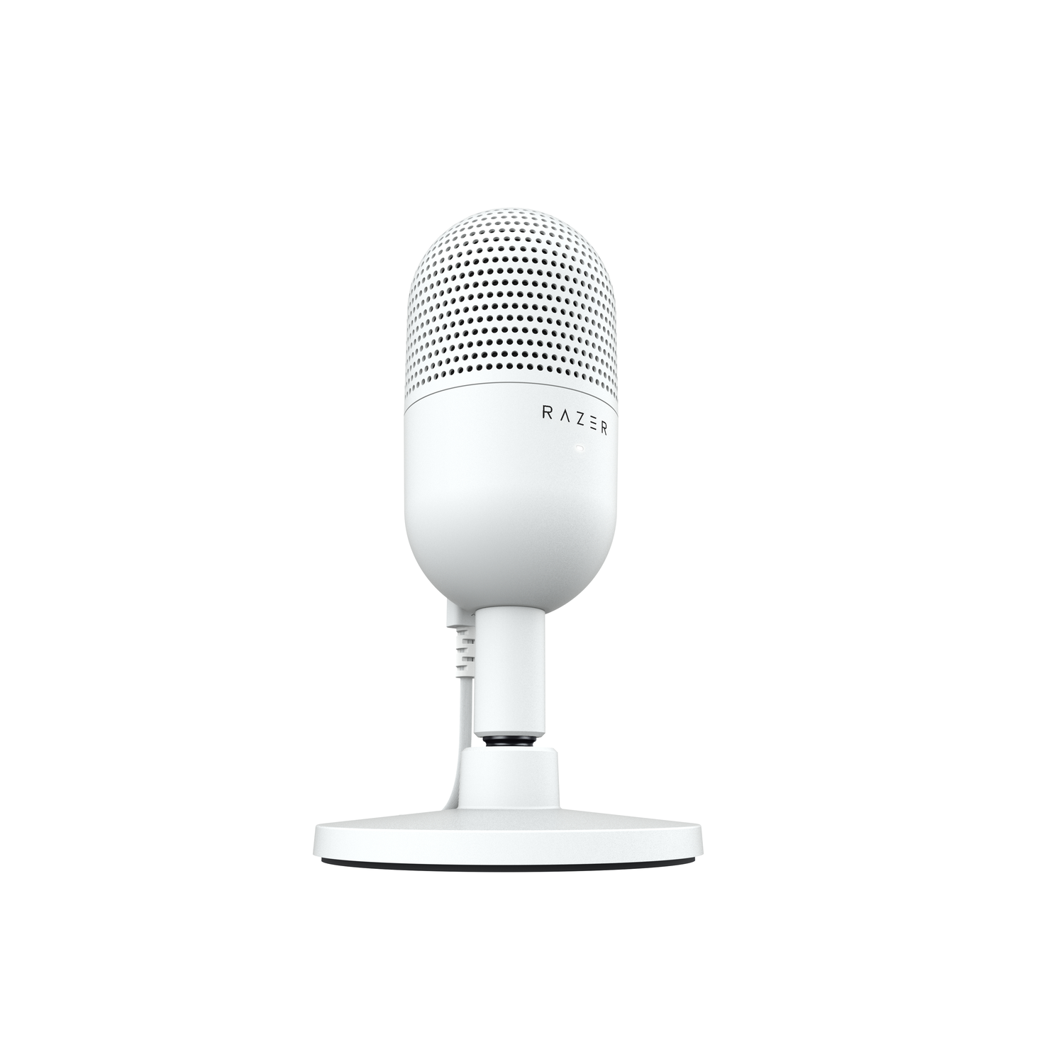 A white Razer microphone on a stand.