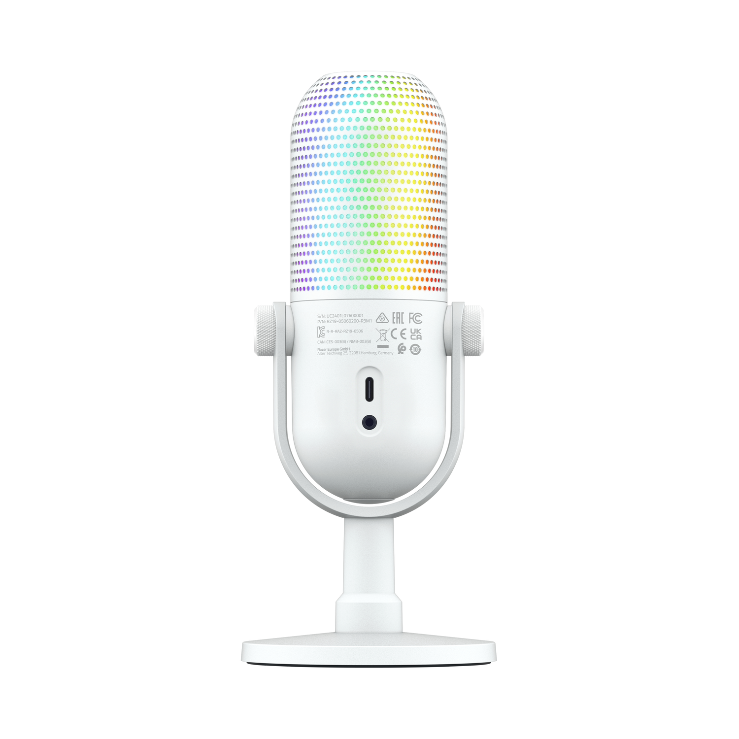 A white microphone with a colorful mesh top on a white stand.