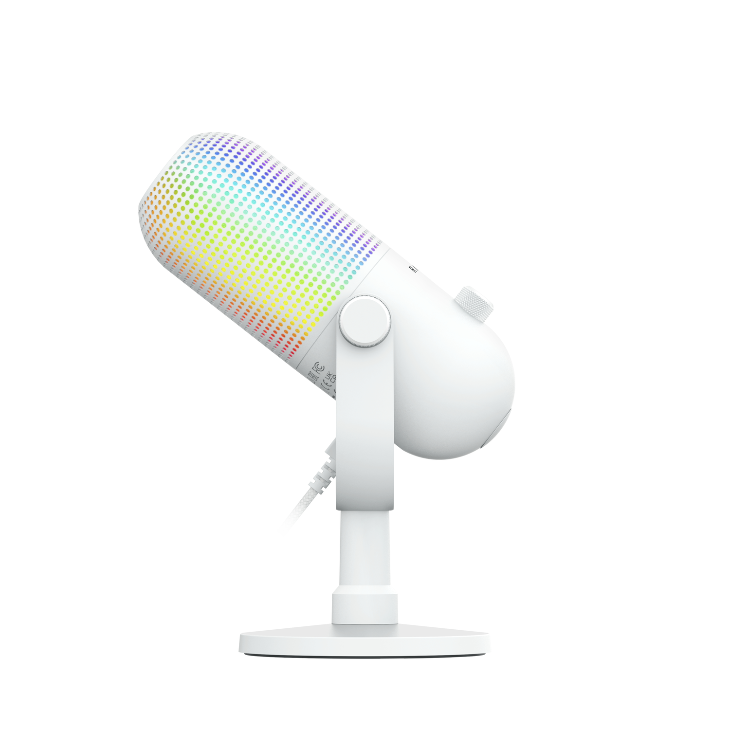 A white microphone with colorful lights.