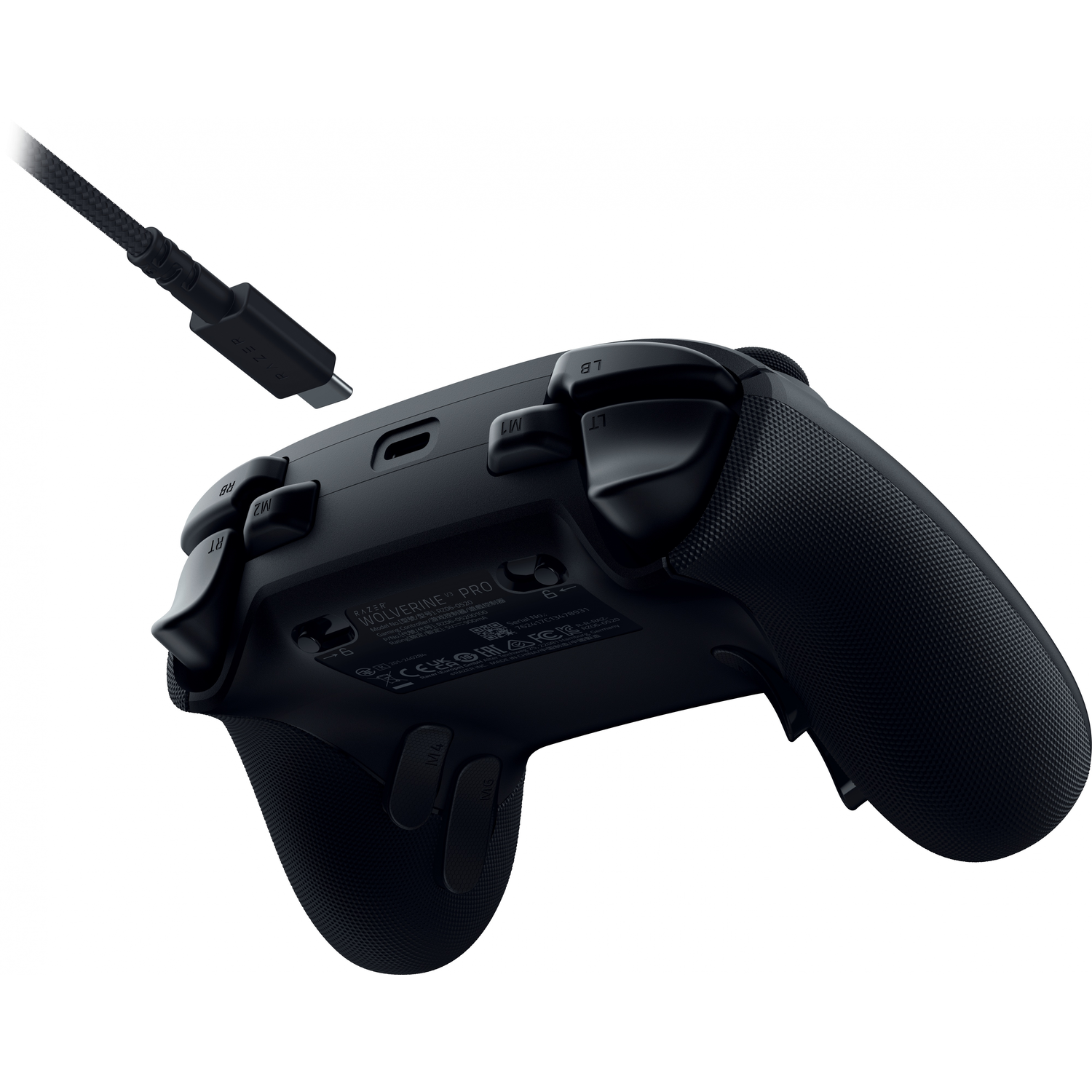 Black Razer Wolverine Pro controller, top view, with a USB cable attached. Buttons and grips visible.
