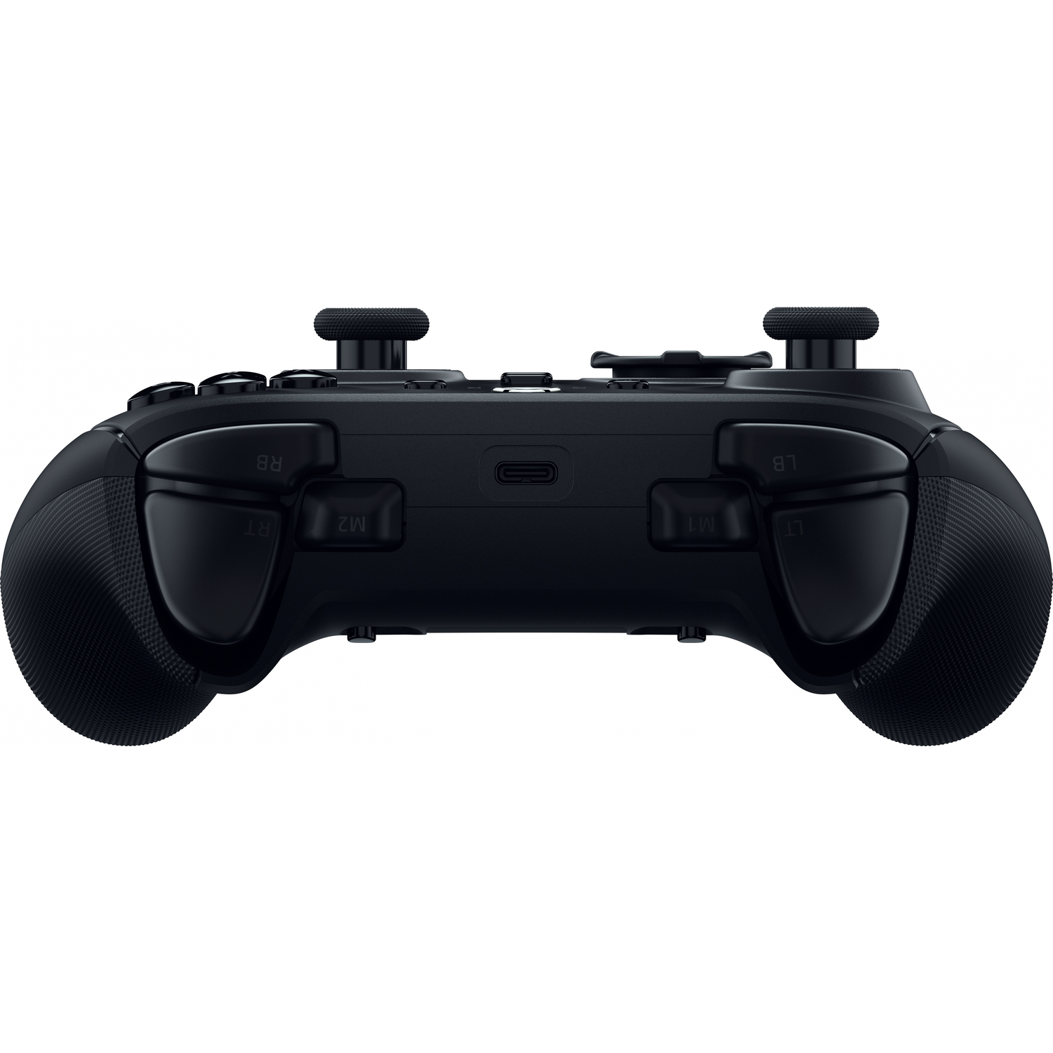 Black game controller with buttons and joysticks, centered on a white background.