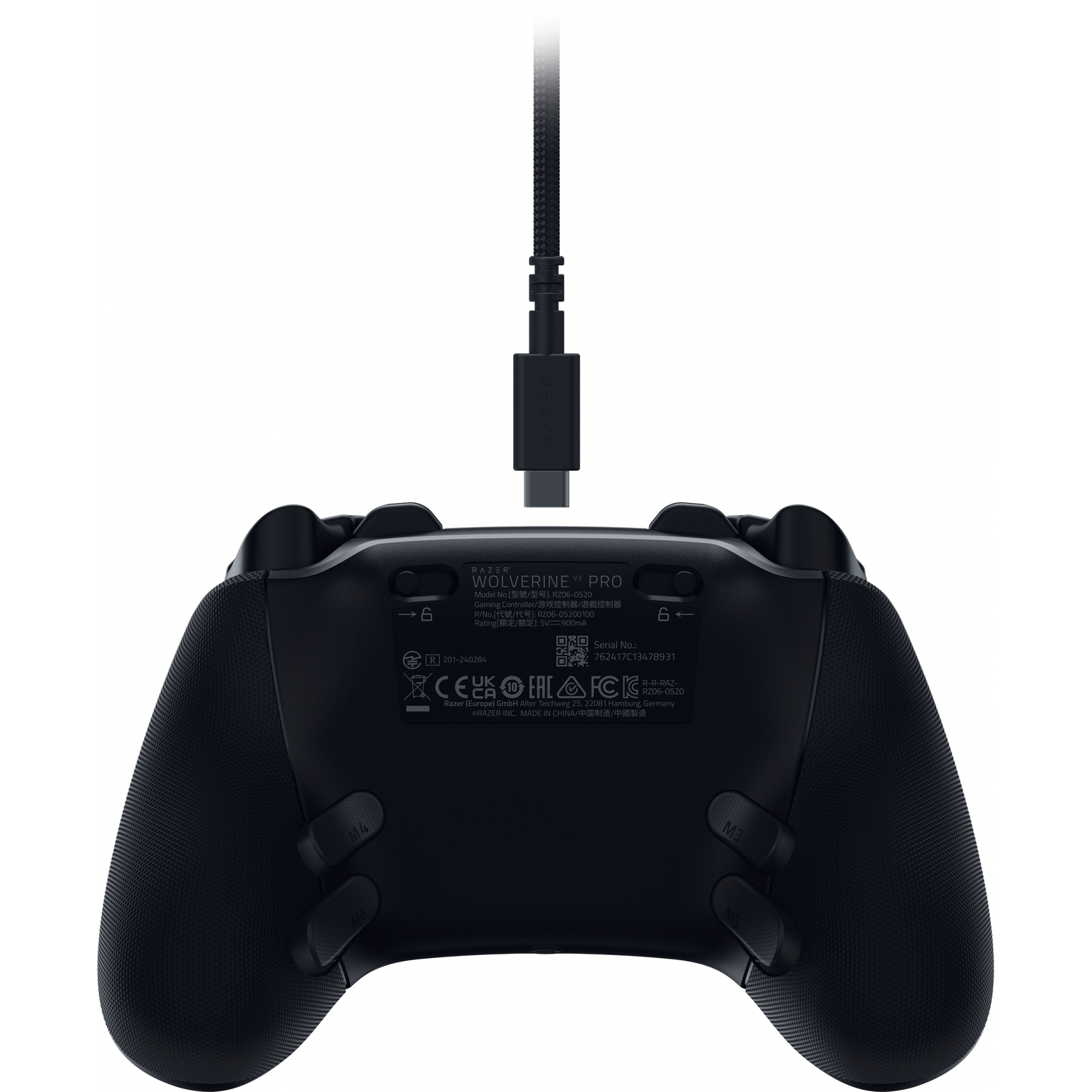 Back of a black game controller with buttons, text, and a USB-C port. A cable is attached.