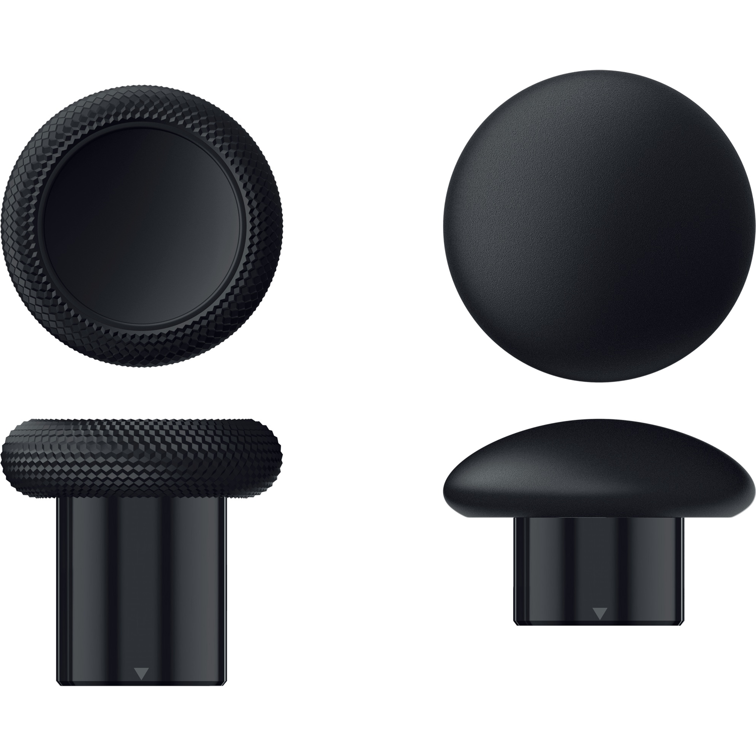 Close-up of black controller parts: joystick caps and buttons, various views. All are black.