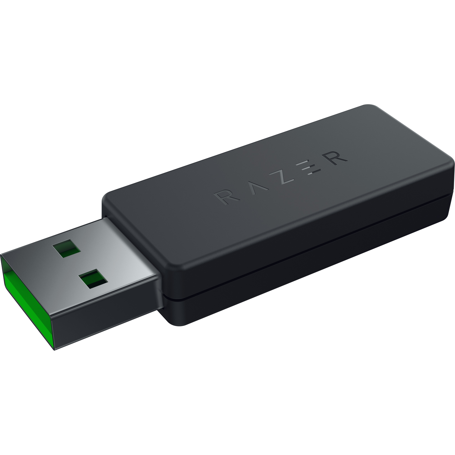 Black Razer USB dongle, green border, white background.