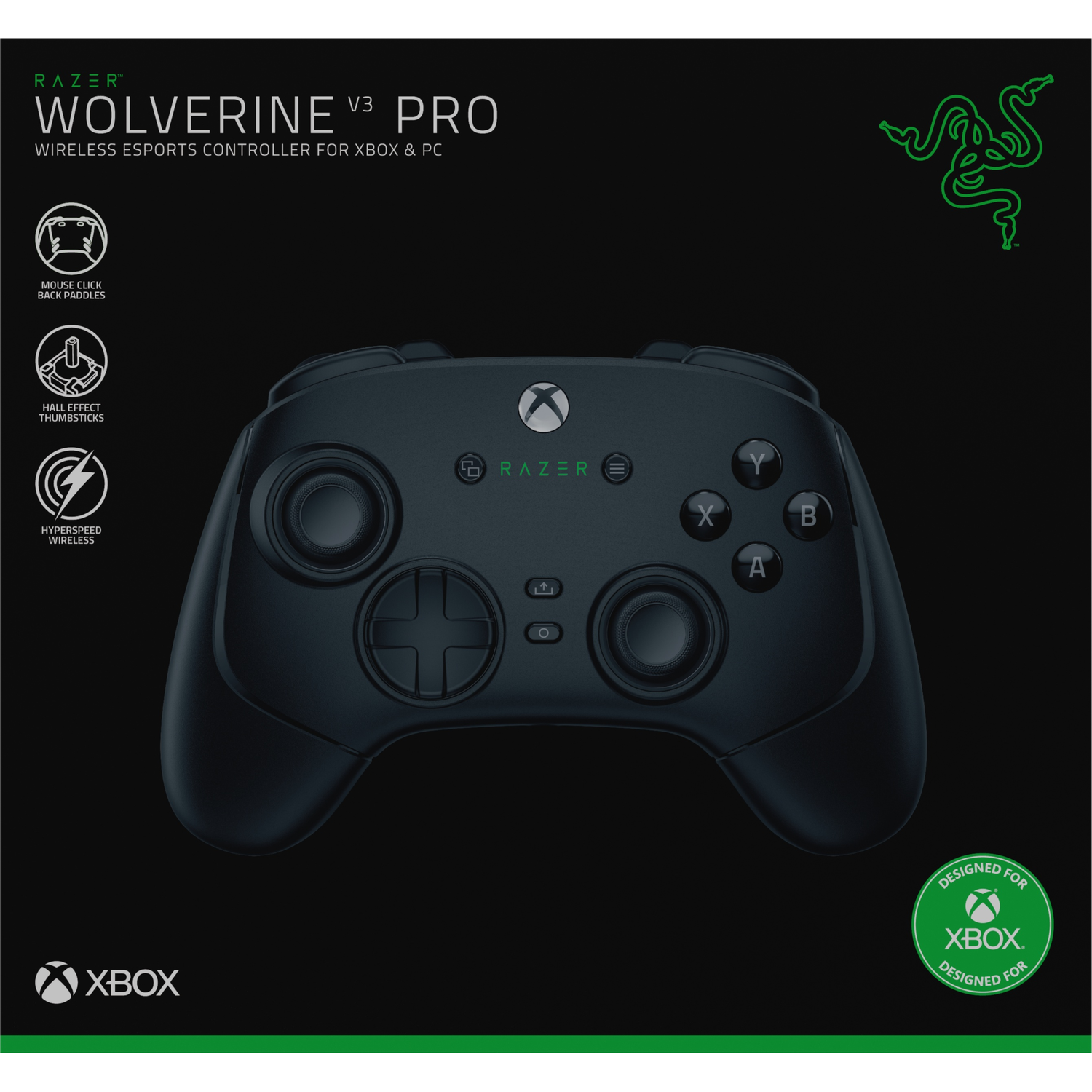 A black Razer Wolverine V3 Pro controller for Xbox and PC.
