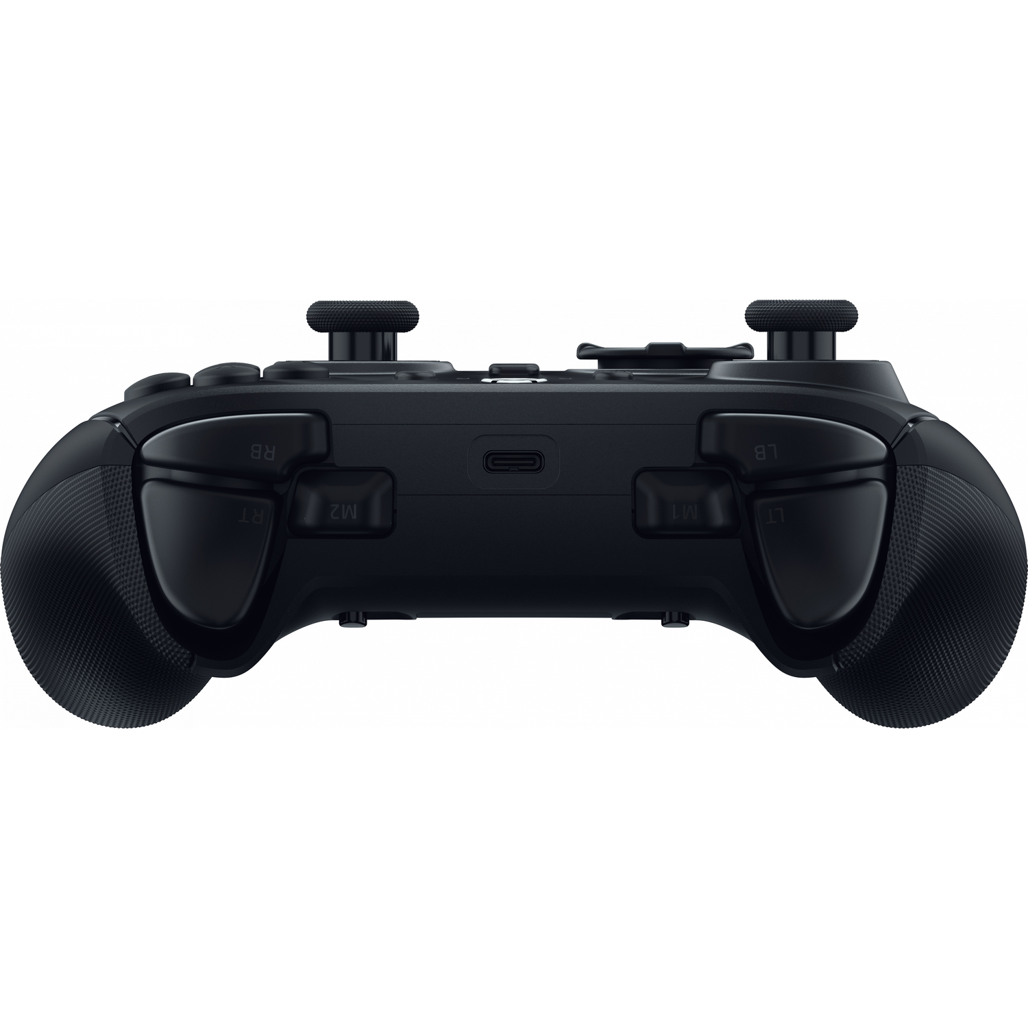 A black controller with multiple buttons and triggers, angled view.