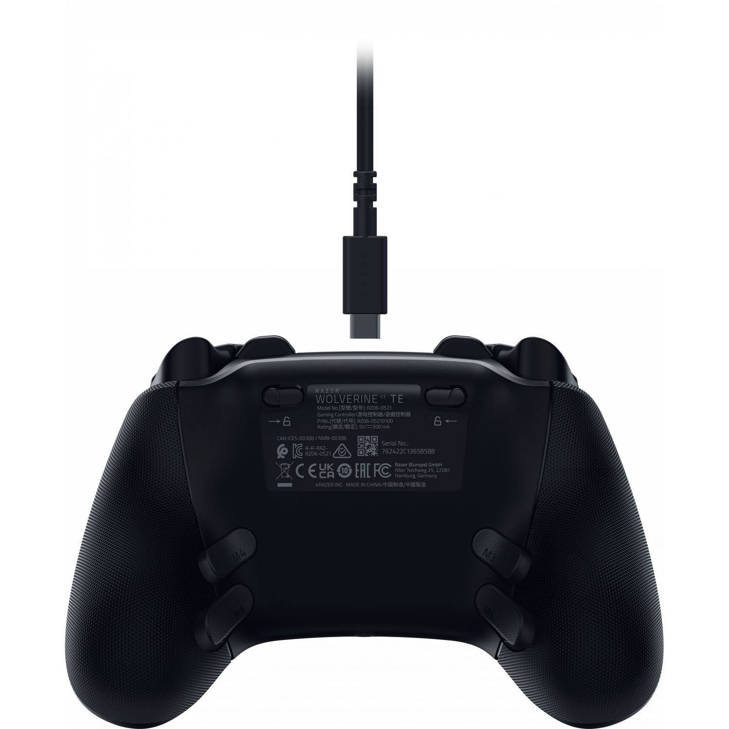 Black Razer gaming controller, cable attached.  Back view with labels, white background.