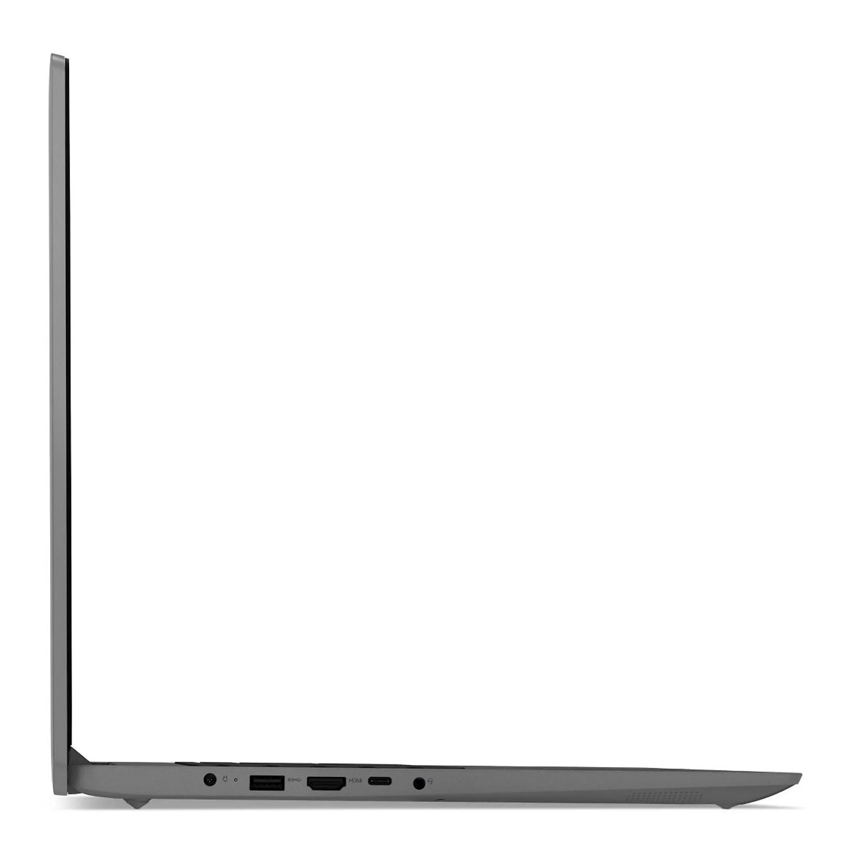 Laptop z boku. Ciemnoszary kolor. Porty są widoczne z boku.