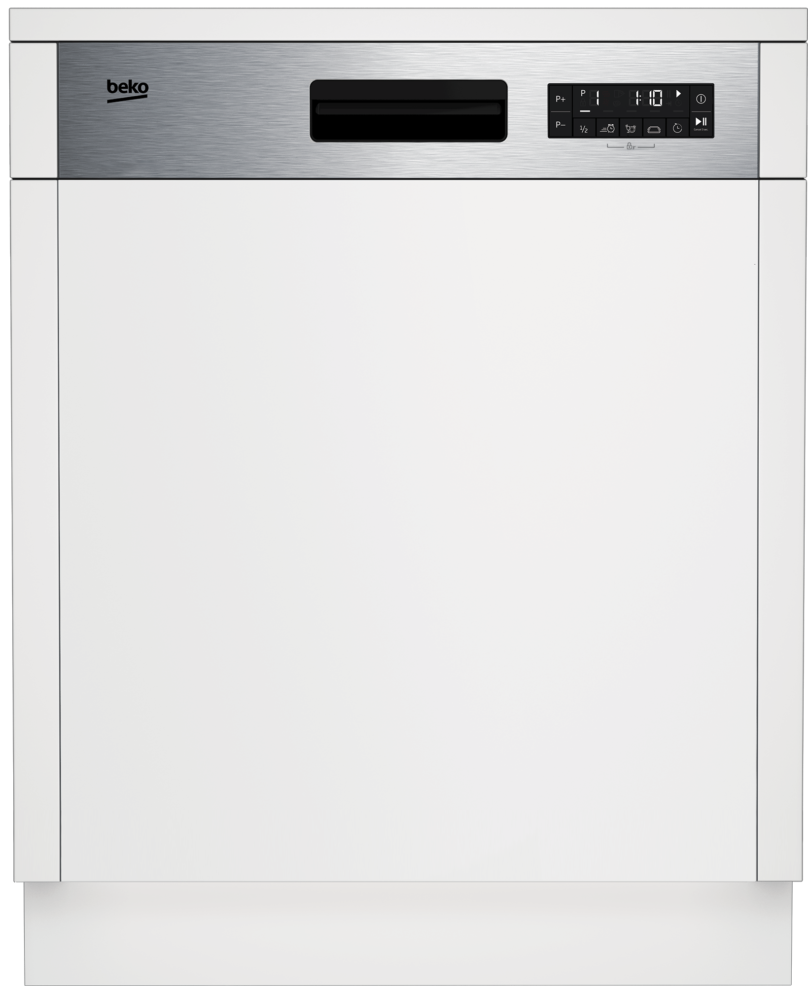 Ein weißer Beko Geschirrspüler mit Bedienfeld.