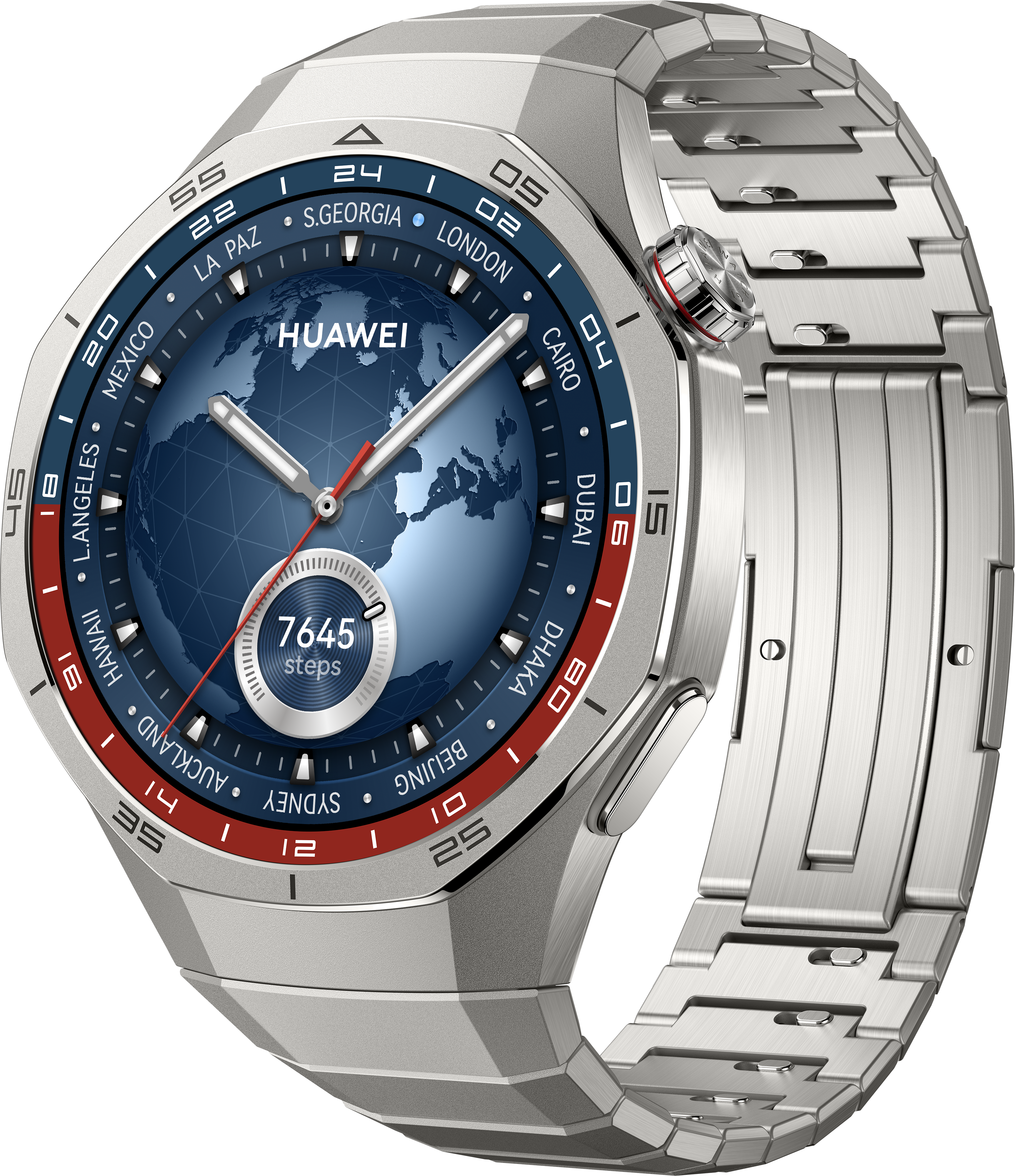 Silberne Smartwatch mit Weltkarten-Display. Die Uhr hat ein Metallband und eine rot-blaue Lünette.