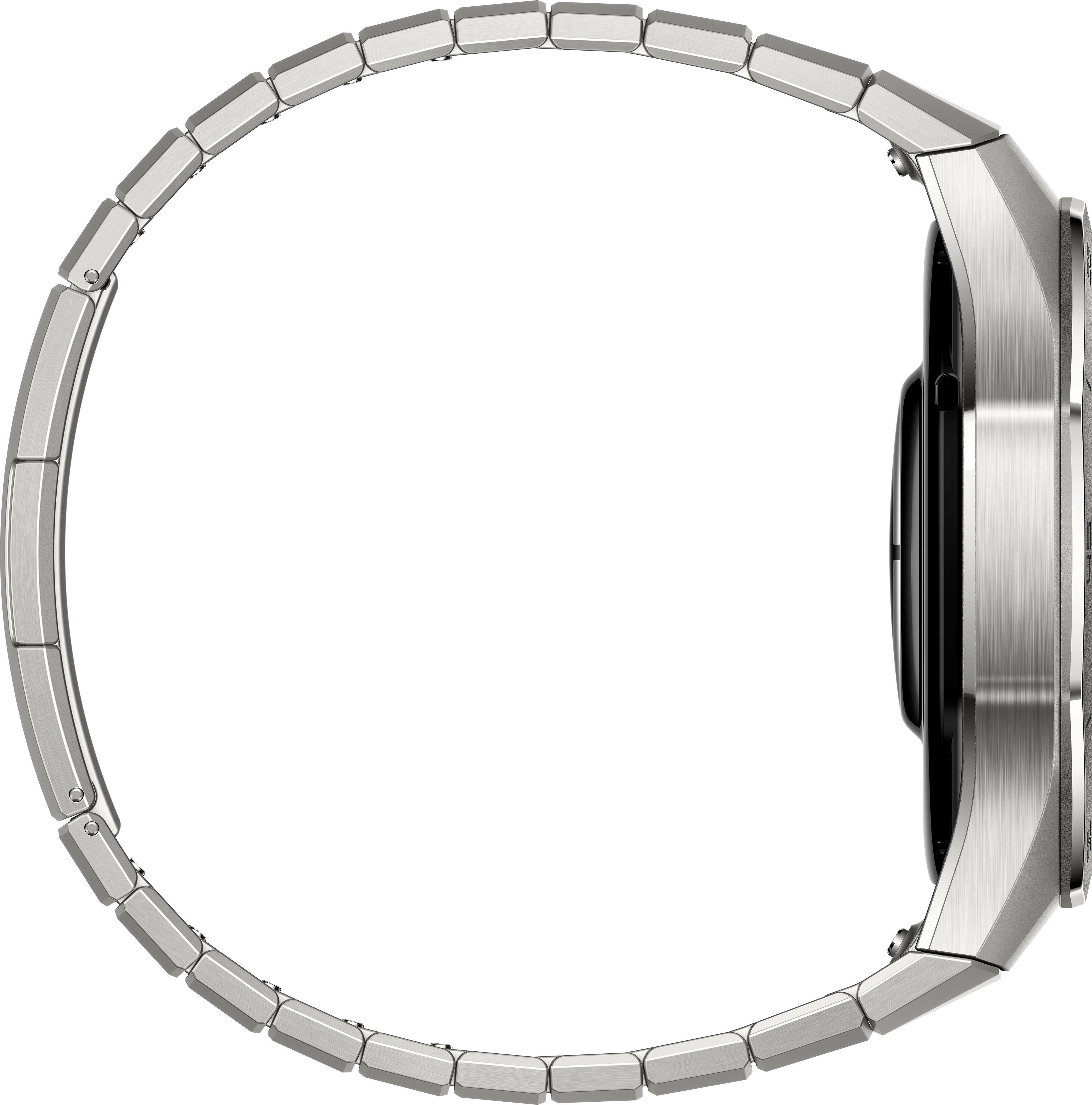 Ein Seitenprofil einer silbernen Smartwatch mit Metallarmband.