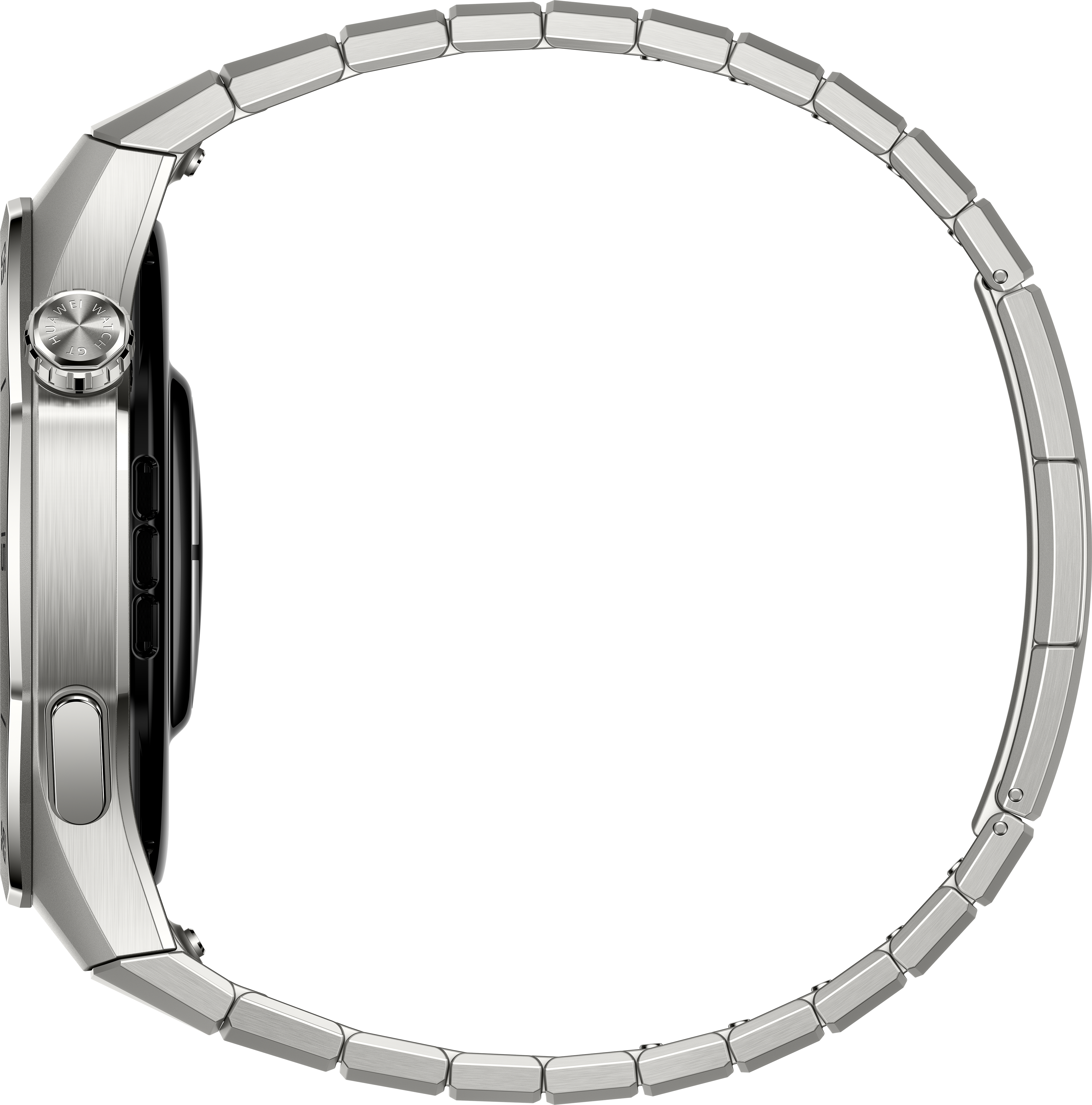 Seitenansicht einer silbernen Smartwatch mit Metallband, die ihr schlankes Design zeigt.