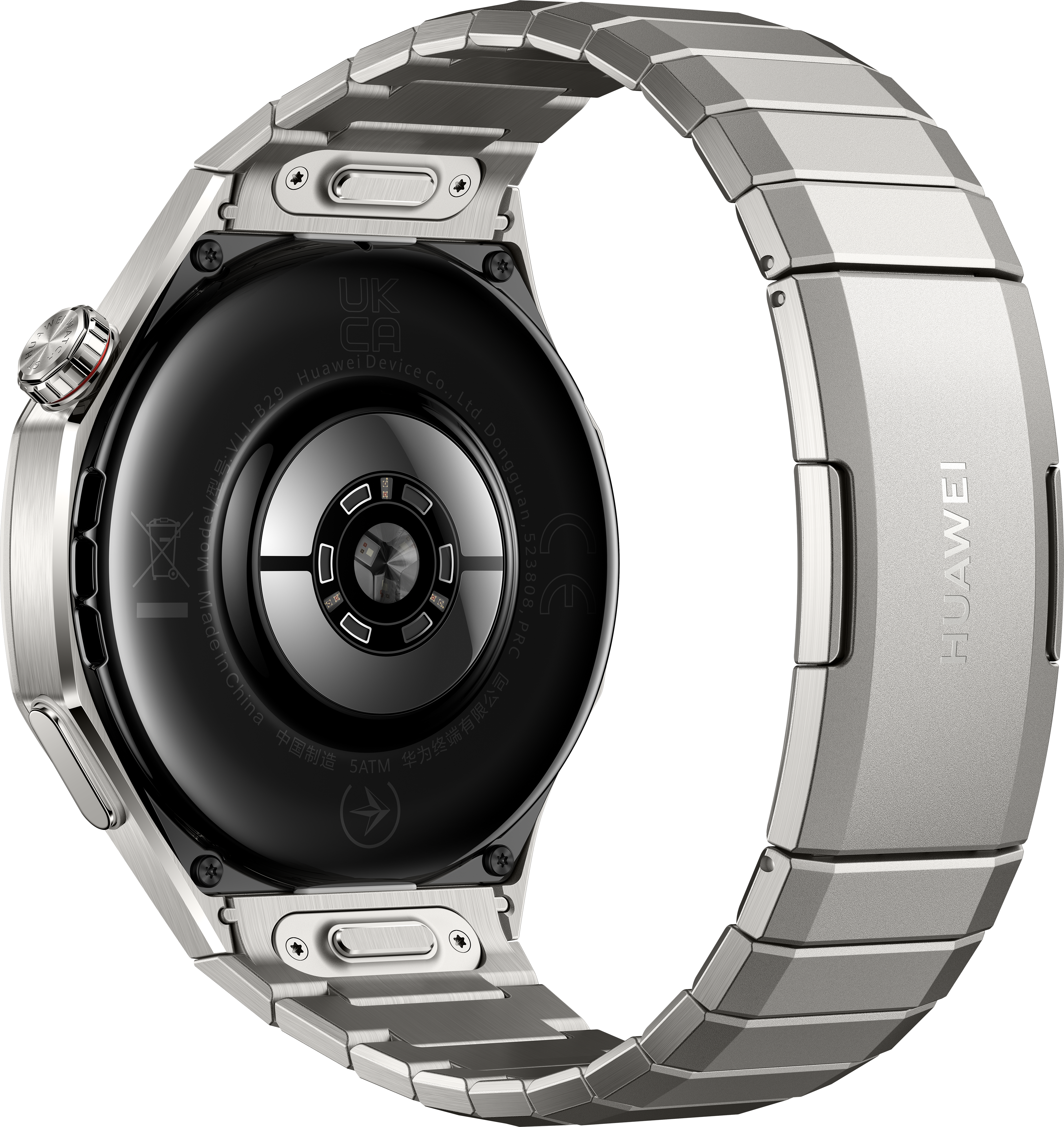 Nahaufnahme einer silbernen Smartwatch. Die Uhr befindet sich auf einem weißen Hintergrund.