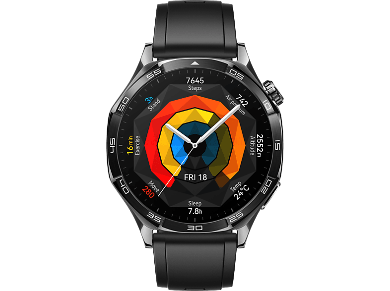 HUAWEI WATCH GT 5 (46 mm) Smartwatch Edelstahl, Polymer-Komposit Fluorelastomer, 140–210 mm, Schwarz