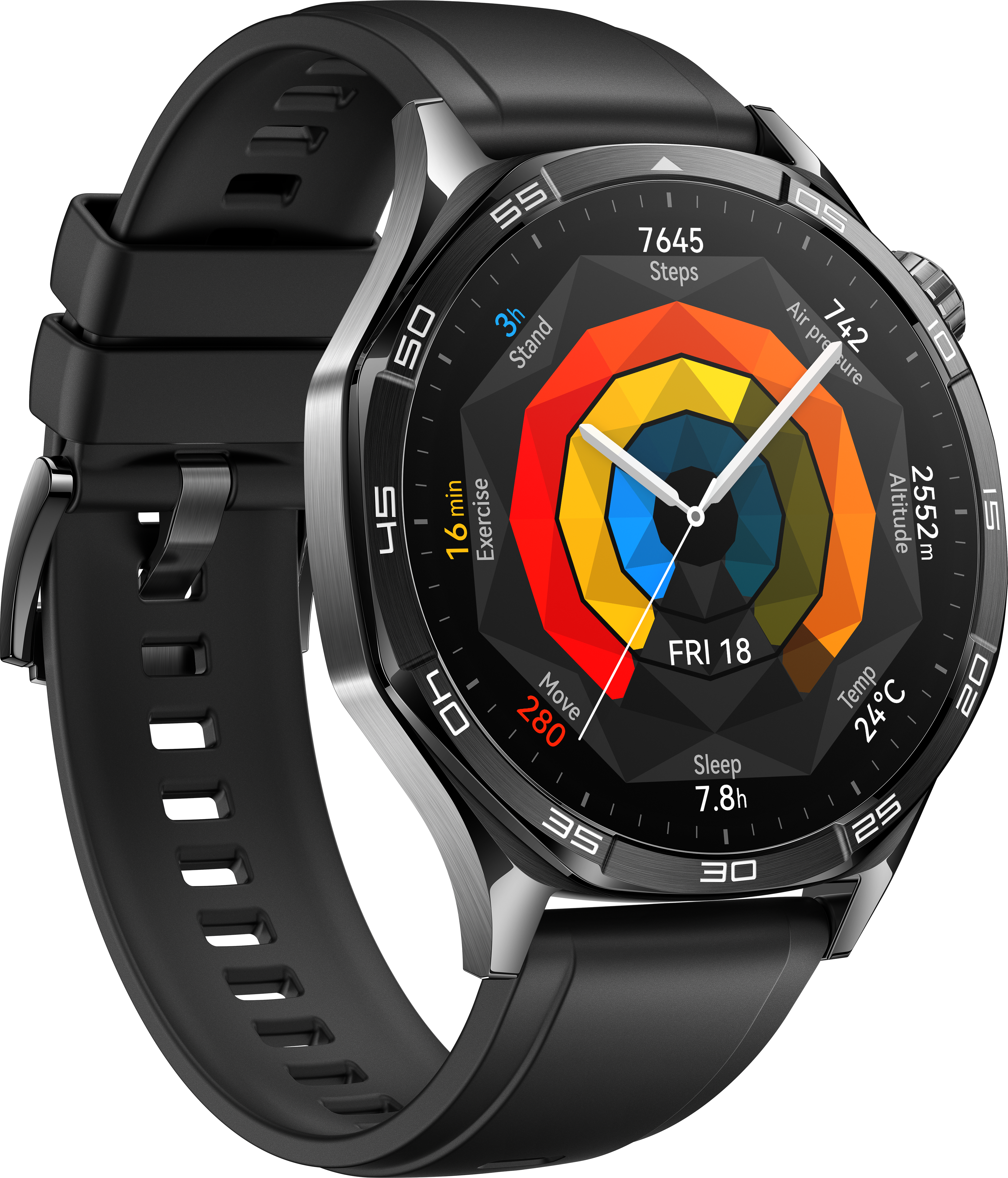 Une montre connectée noire avec un écran coloré affichant des mesures de fitness. Bracelet noir et détails argentés.