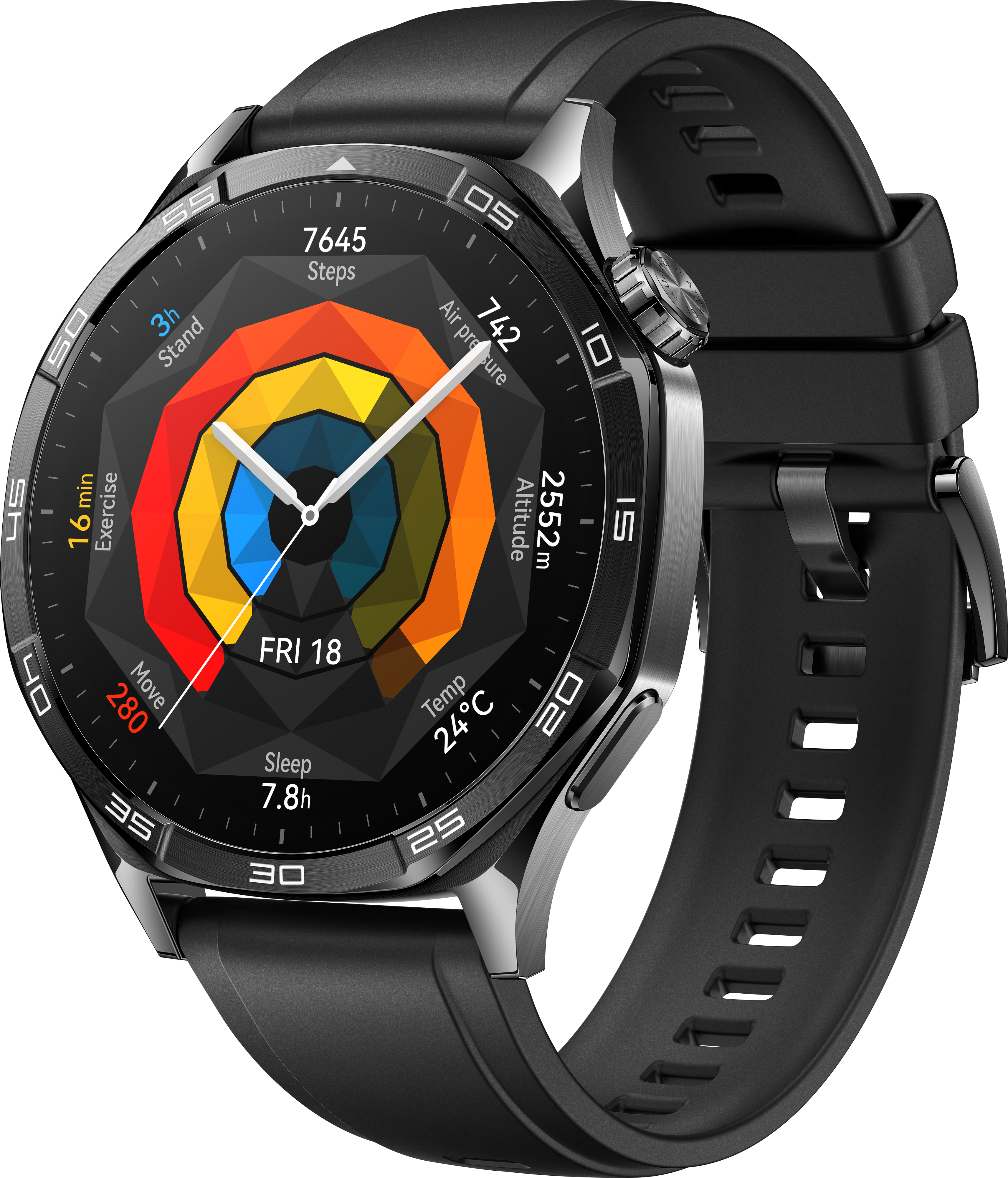 Smartwatch noire avec données d'activité affichées. Bracelet noir et cadre métallique.