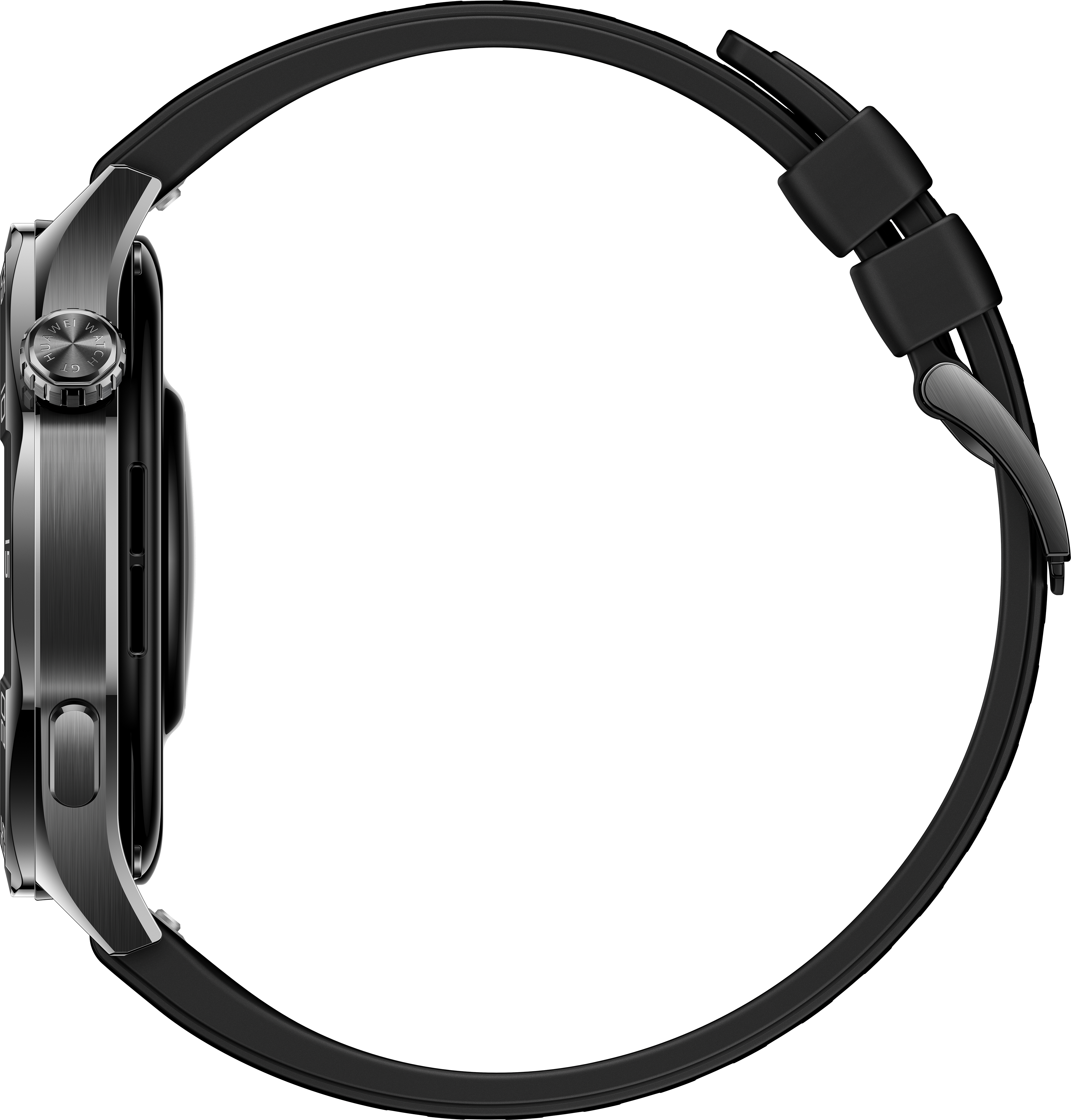 Vue latérale d'une smartwatch noire avec bracelet noir. Accents argentés présents.