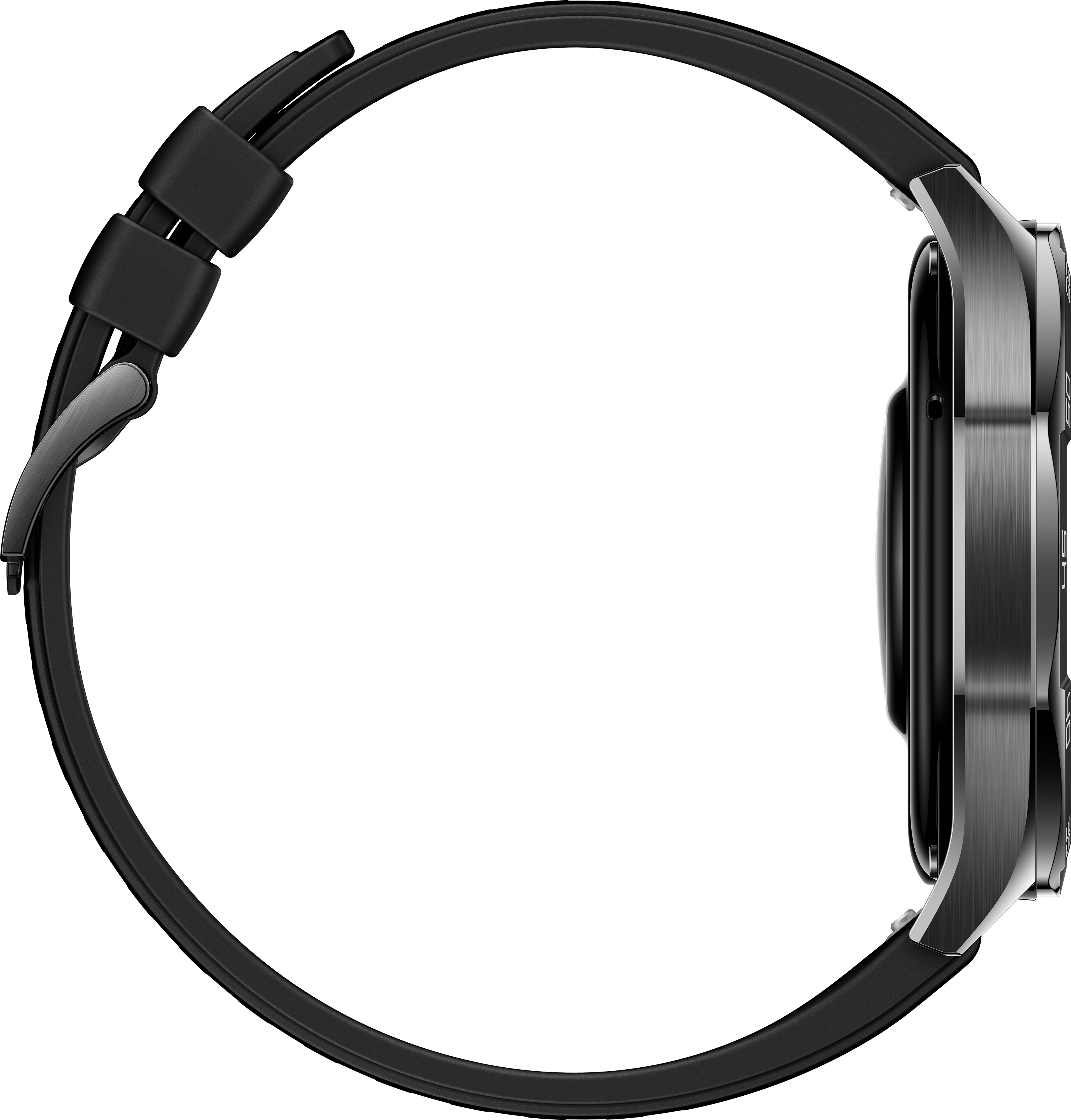 Une vue latérale d'une montre connectée noire avec un bracelet noir.
