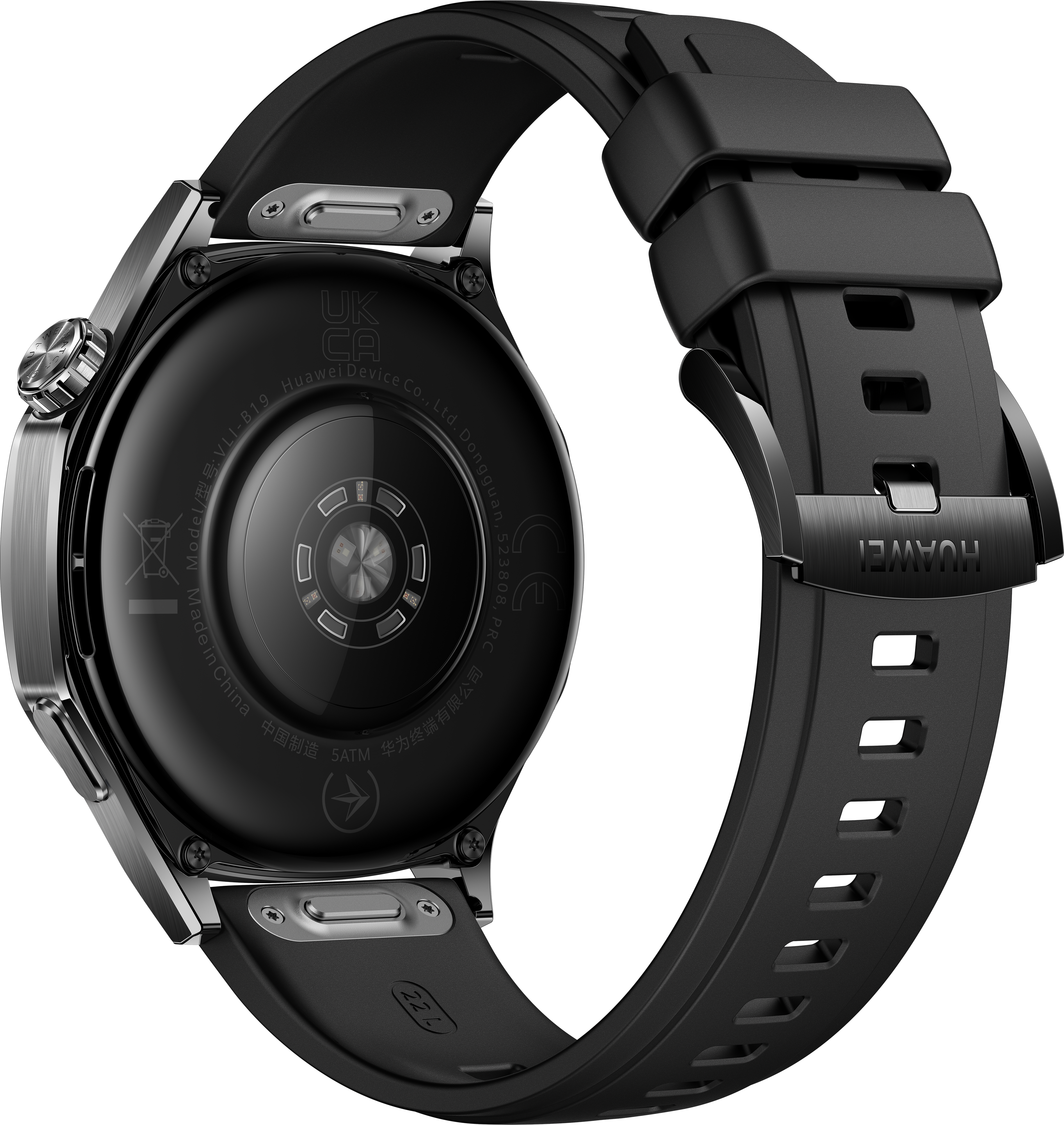 Dos d'une montre connectée noire avec bracelet noir. Détails visibles.