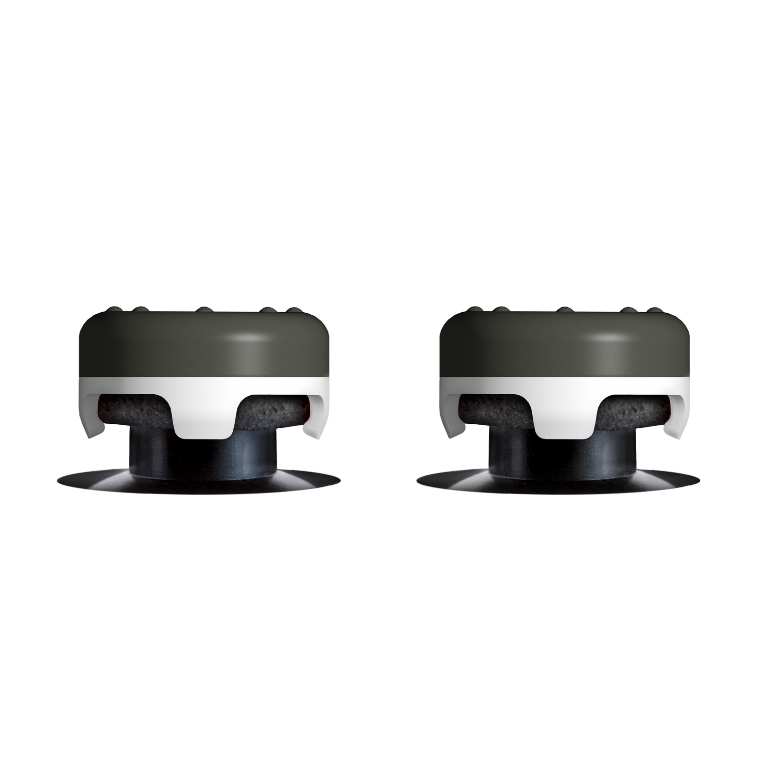 Two black thumbsticks on a white background.