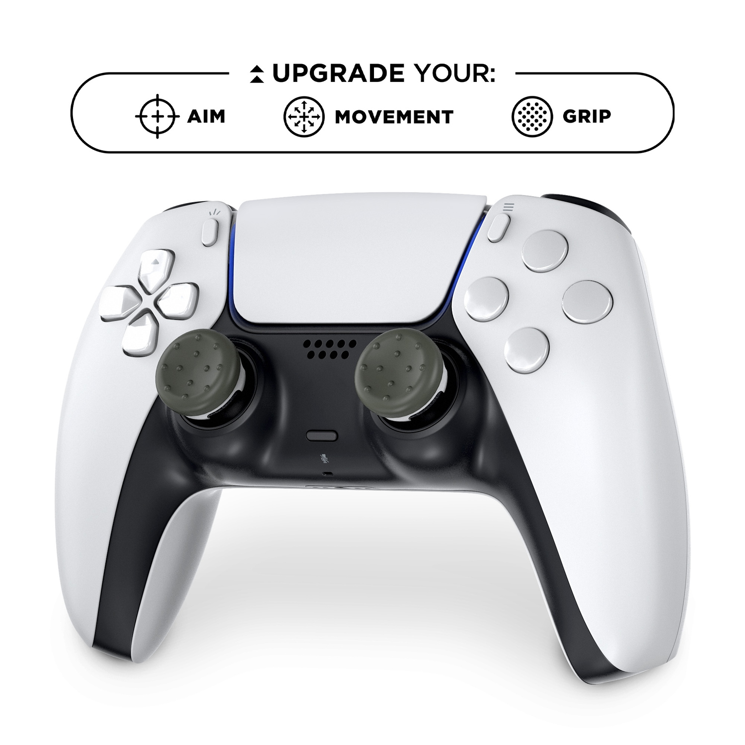White and black PlayStation 5 controller, with green thumb grips, on white background.