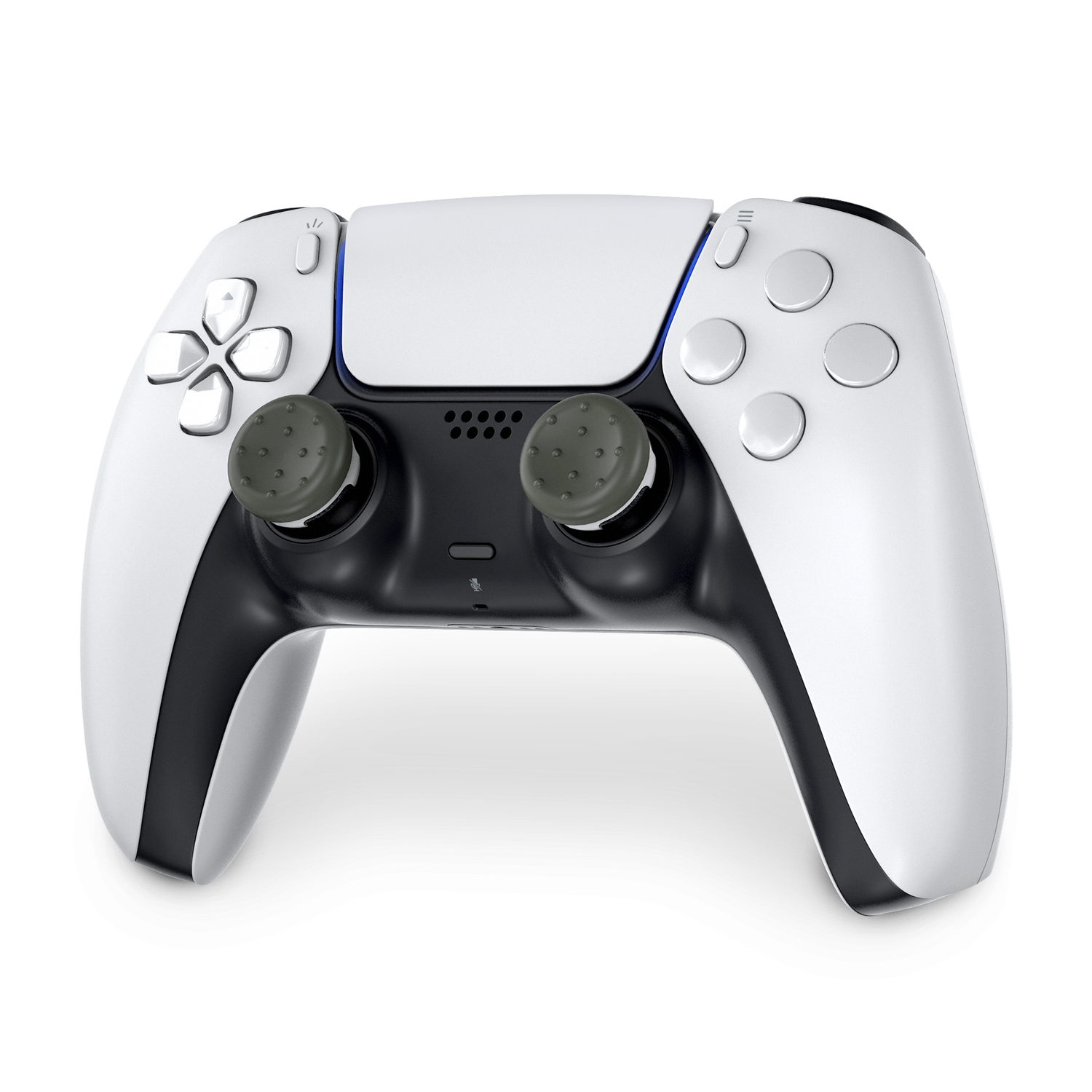 White and black PlayStation 5 controller with dark gray thumb grips, angled view.