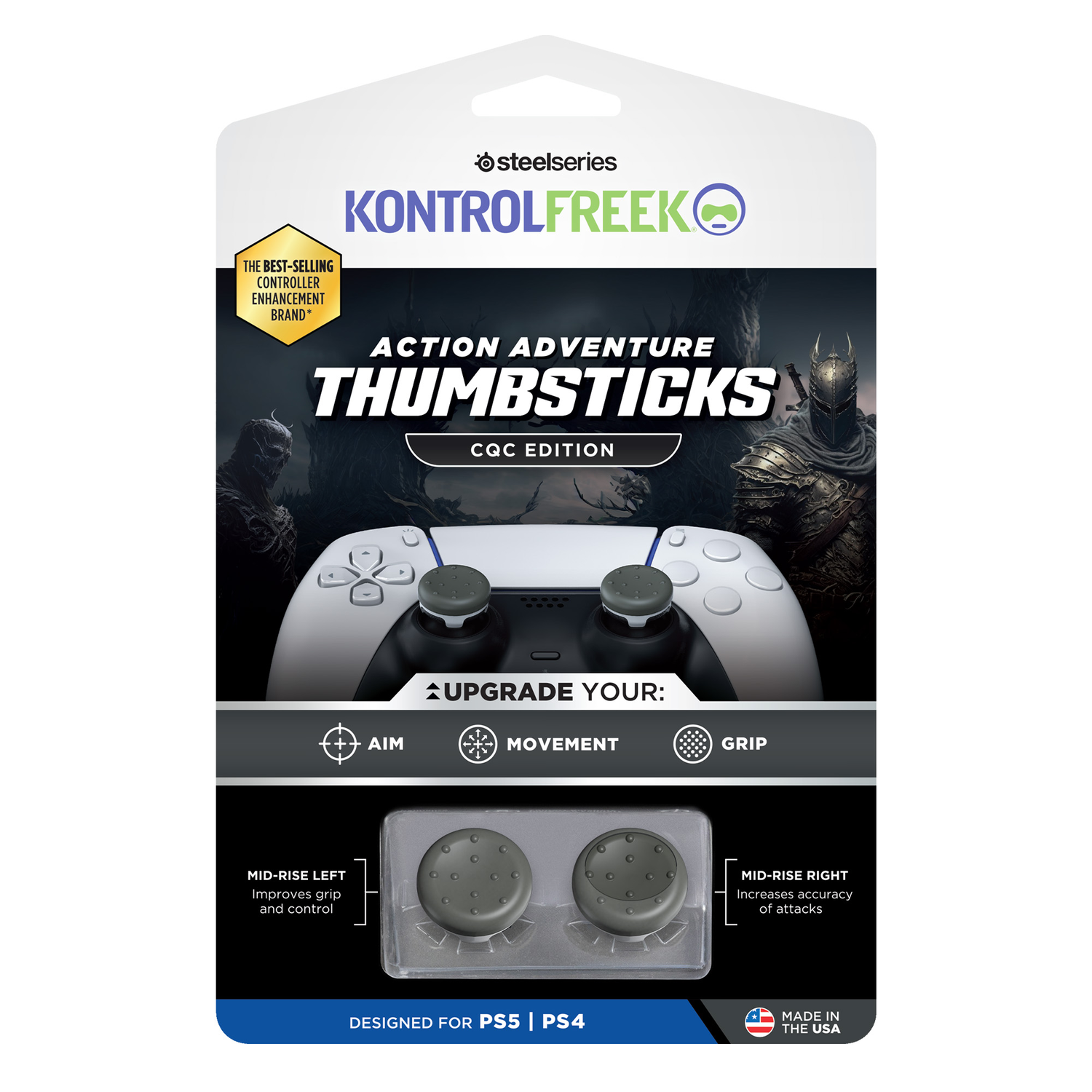 White and grey controller add-ons, black and white packaging, gray background.