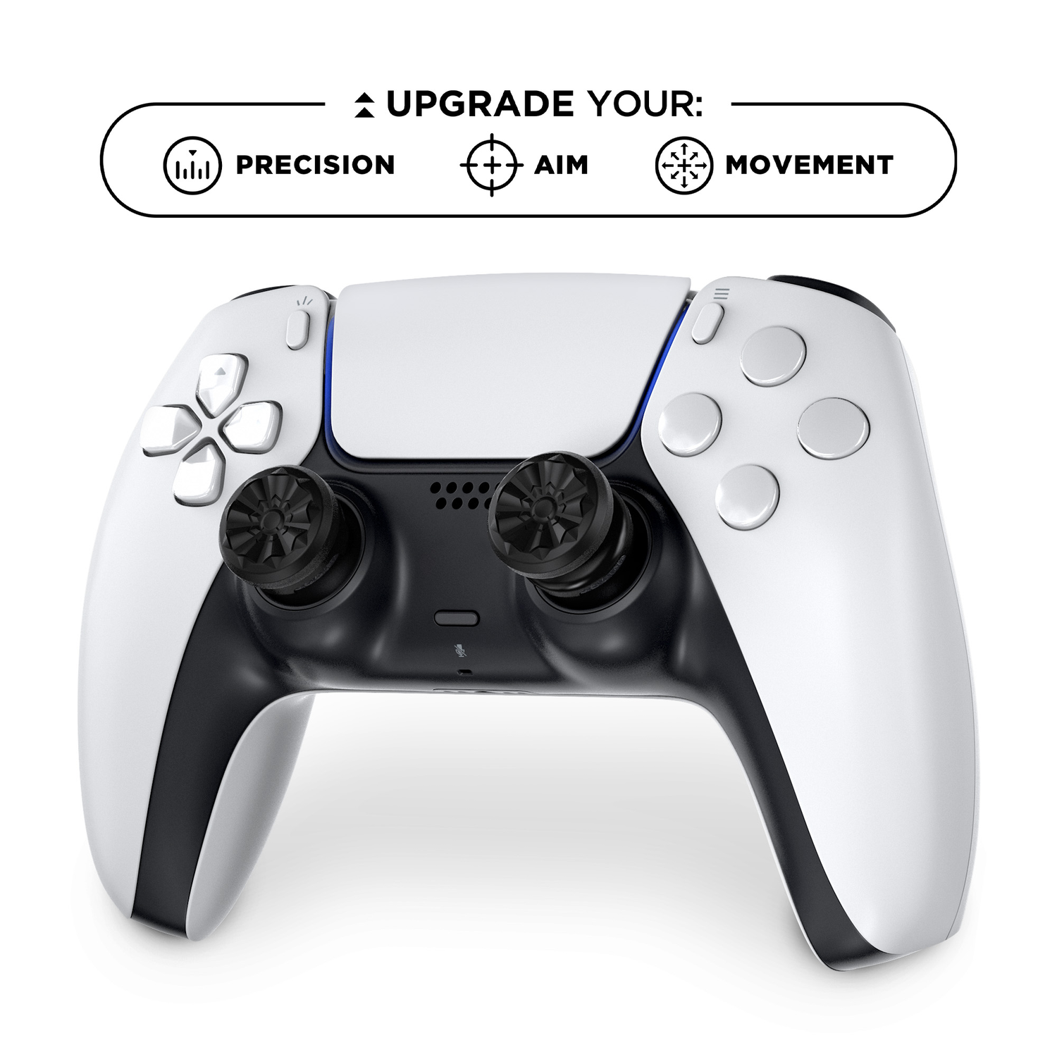 A white game controller with black thumb grips and text saying "UPGRADE YOUR:"