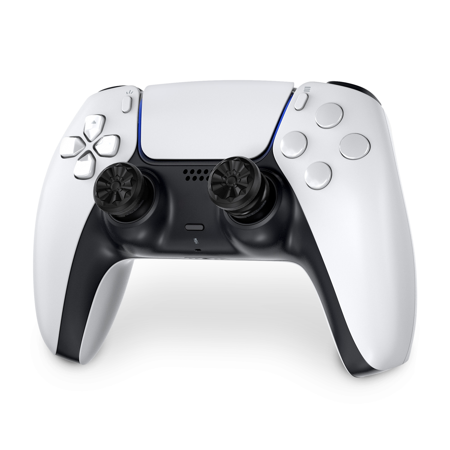 White and black PlayStation 5 controller. Black joysticks, white body. Buttons visible.
