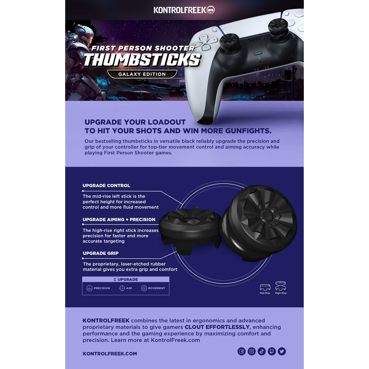 Gamepad with thumbsticks. Text highlights thumbsticks and grip. Black and white design.