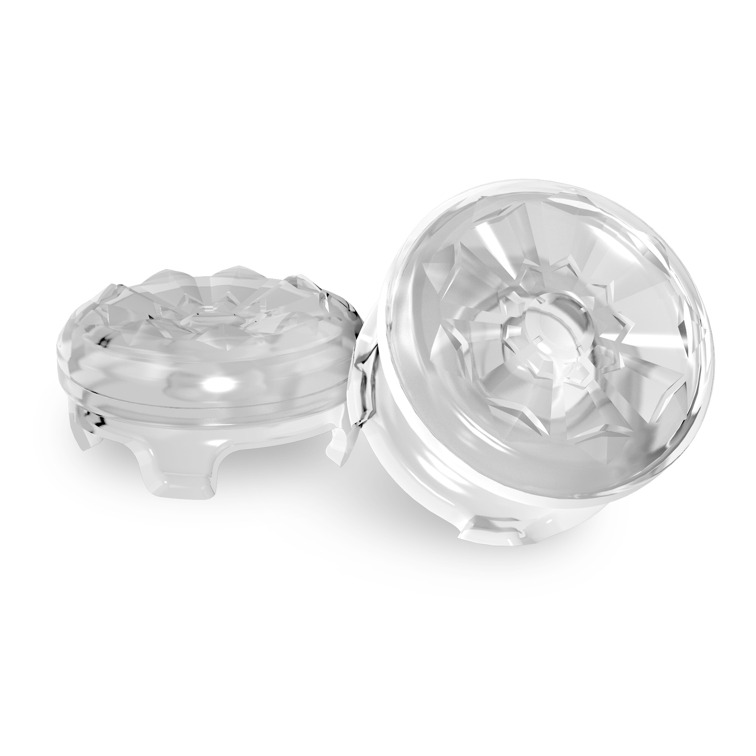 Twee heldere, gefacetteerde LED-lampen met drie voetjes aan de basis, geplaatst op een witte achtergrond.
