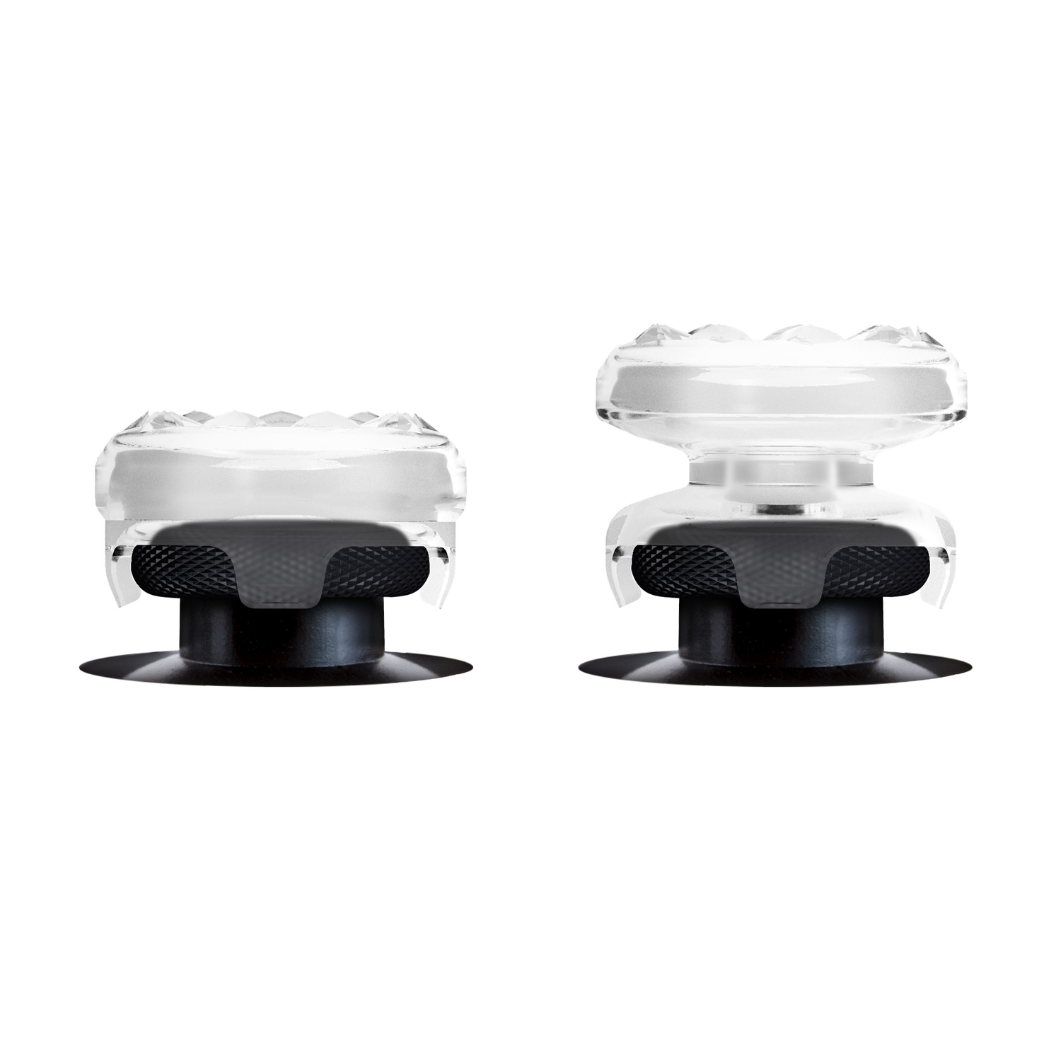 Twee doorzichtige joystickdoppen op een witte achtergrond met zwarte bases.