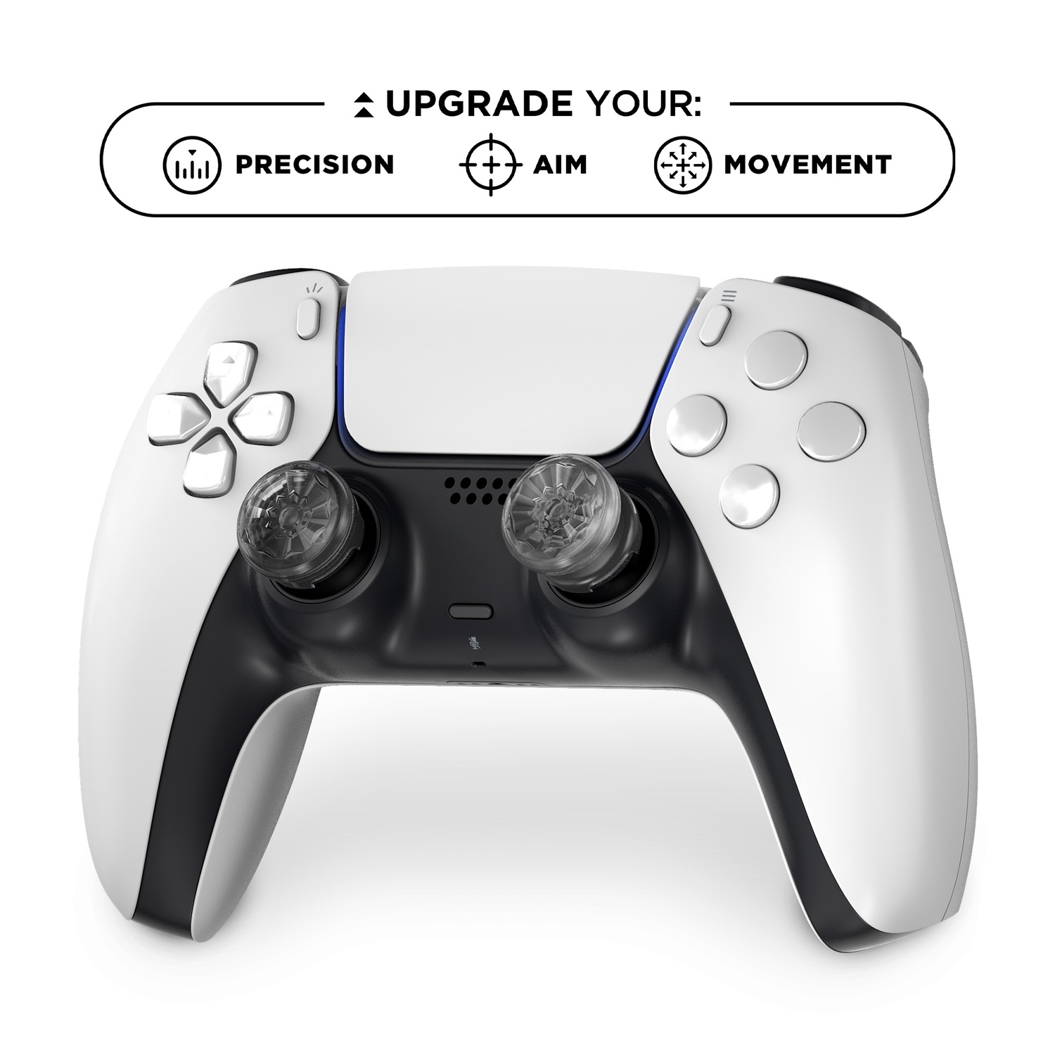 Een witte en zwarte PlayStation 5-controller met doorzichtige thumbsticks.