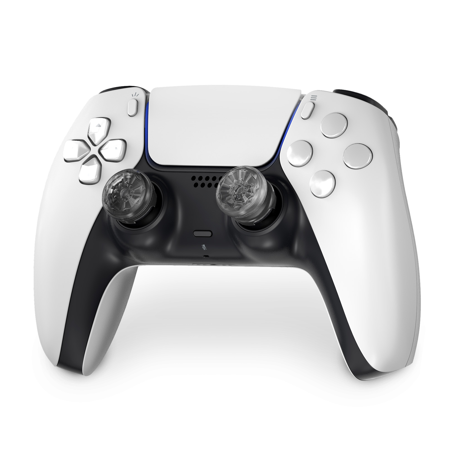 Witte gamecontroller, schuin, op een witte achtergrond.