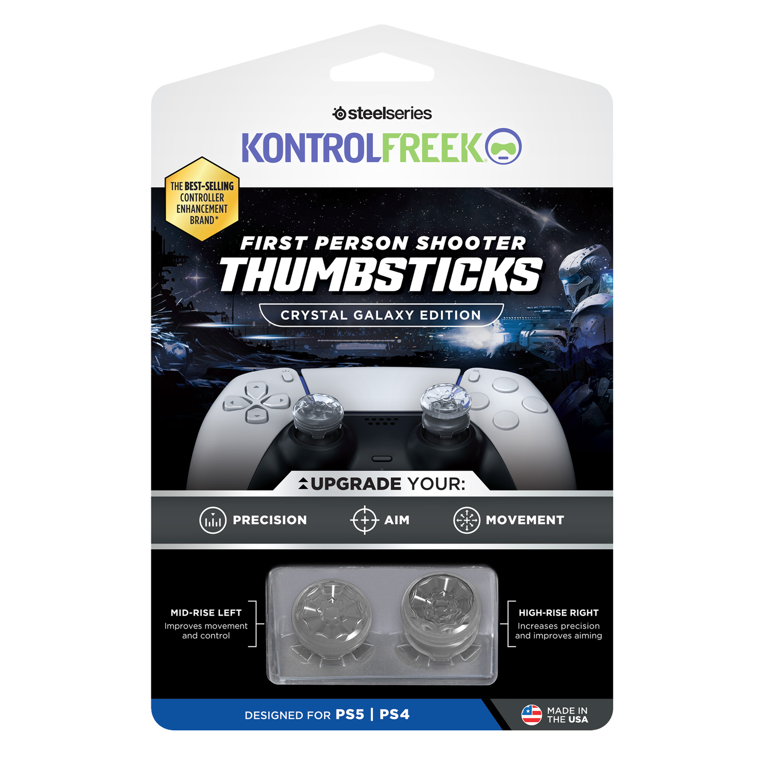 Een witte en zwarte doos met thumbsticks voor gamecontrollers, met de merknaam en tekst.