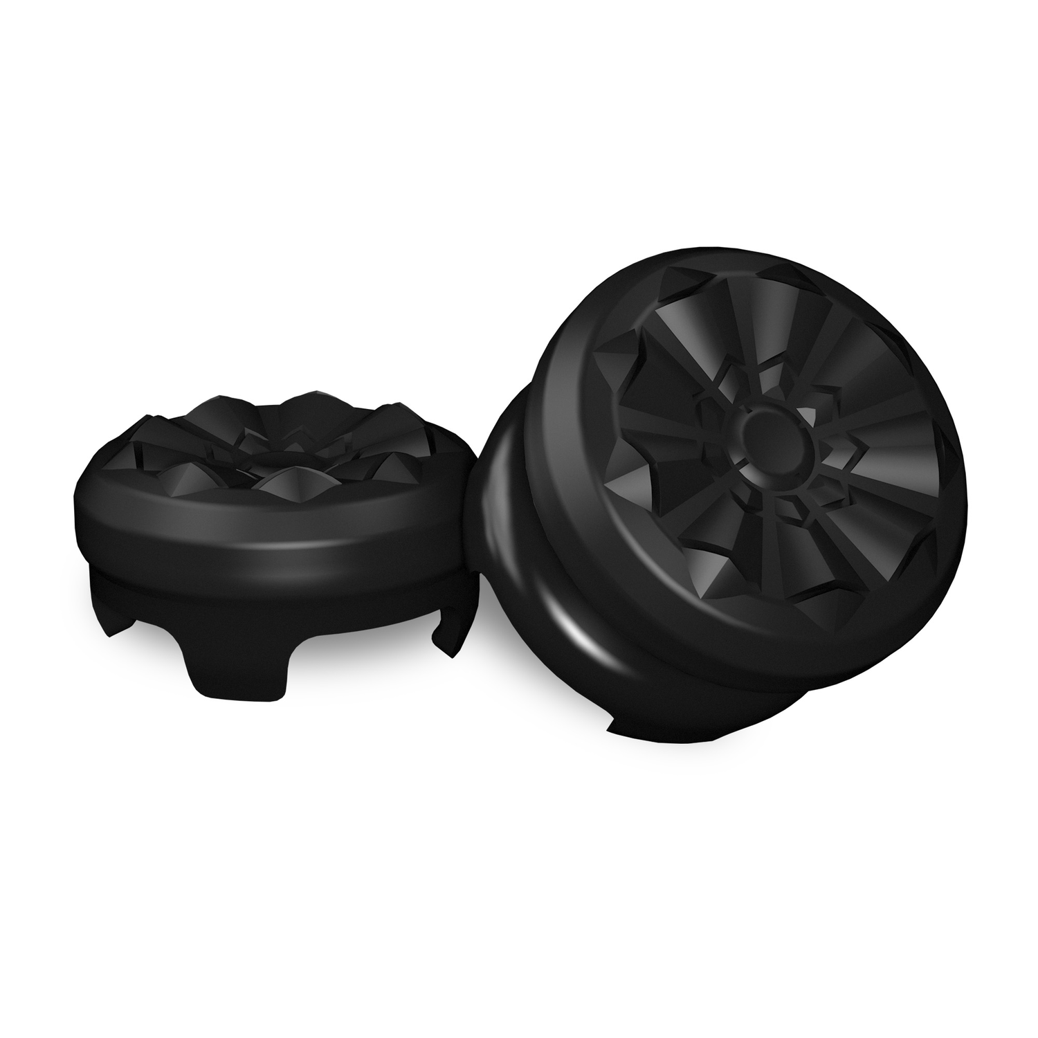 Two black joystick caps with textured surfaces on a white background.
