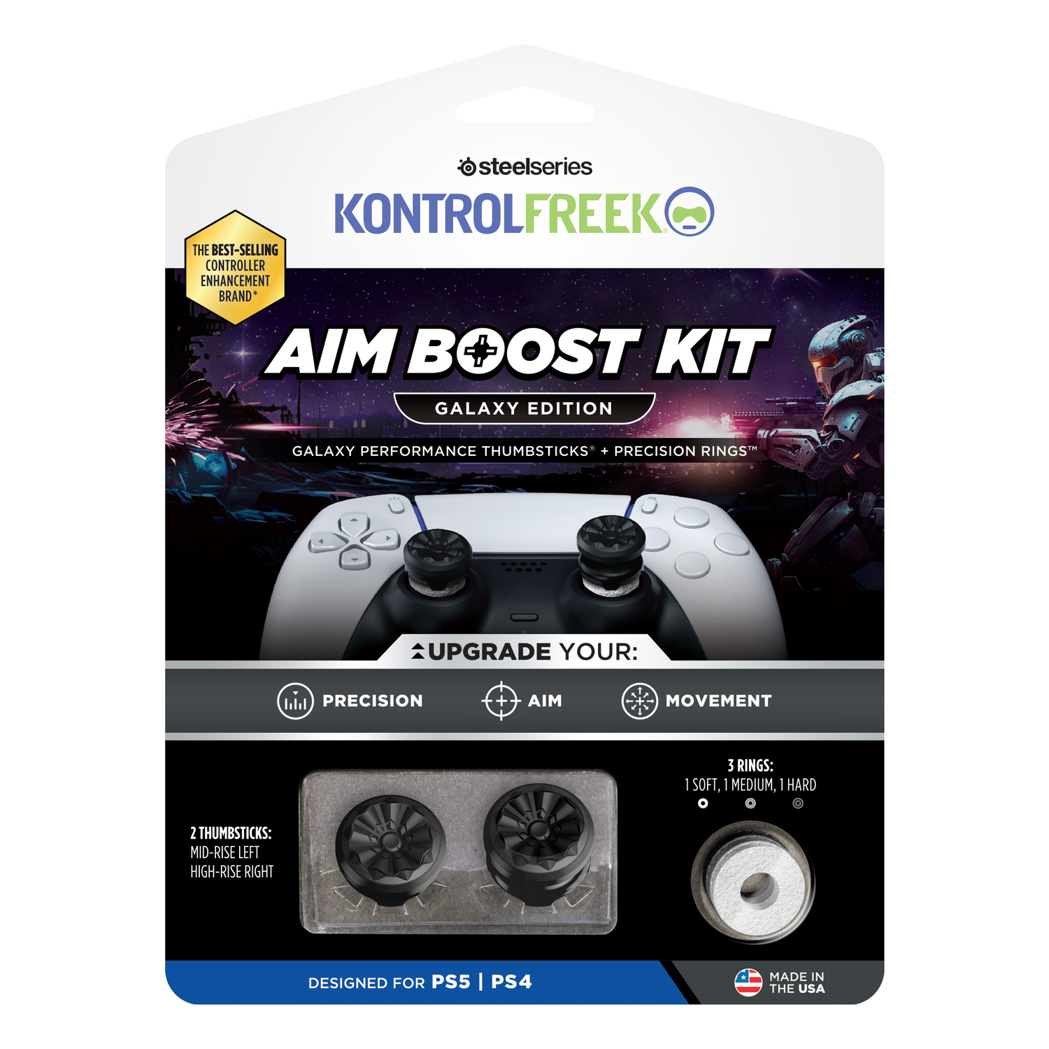 A package of thumbsticks and precision rings for gaming.