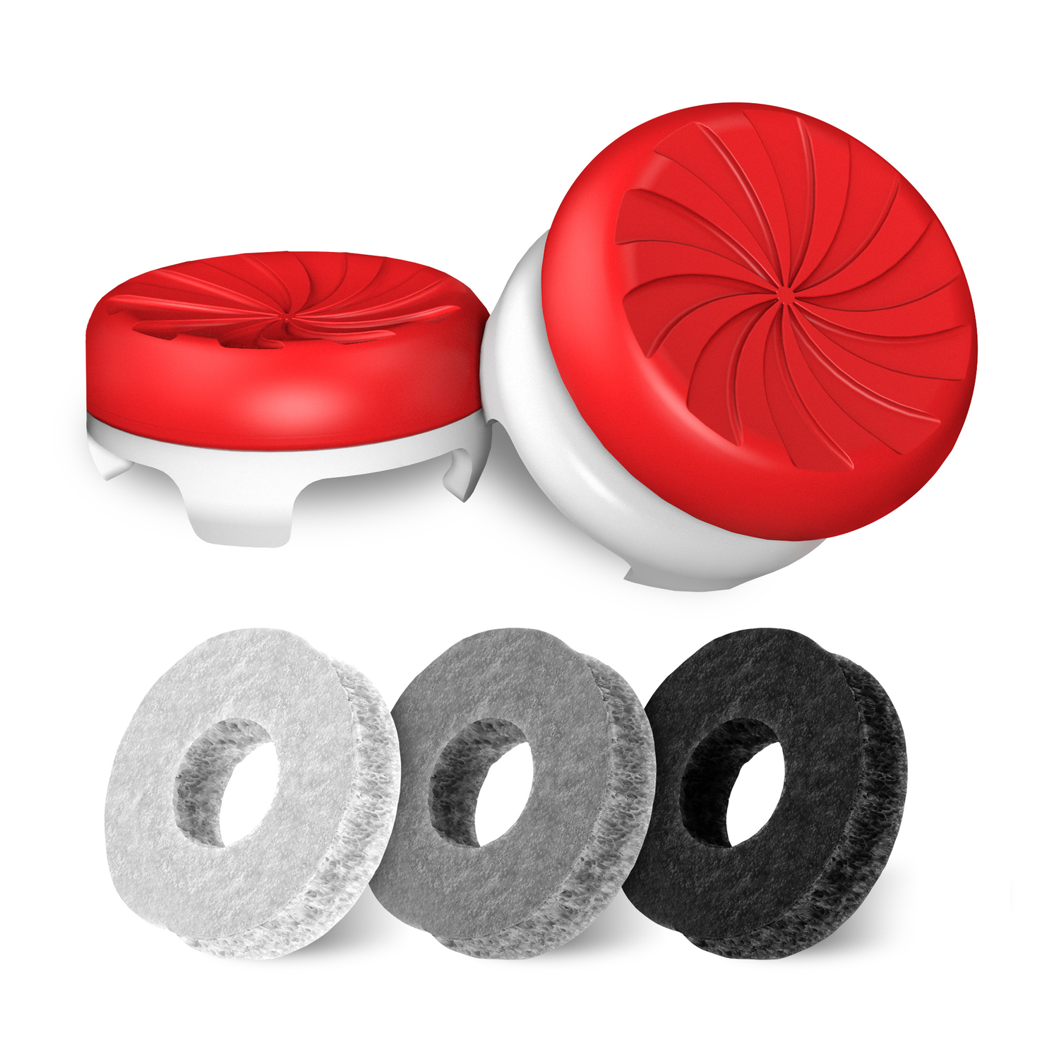 Gaming controller accessories: red thumbsticks and grips in white.
