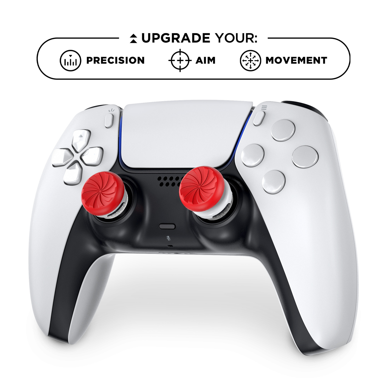 White and black Playstation 5 controller with red thumb grips.