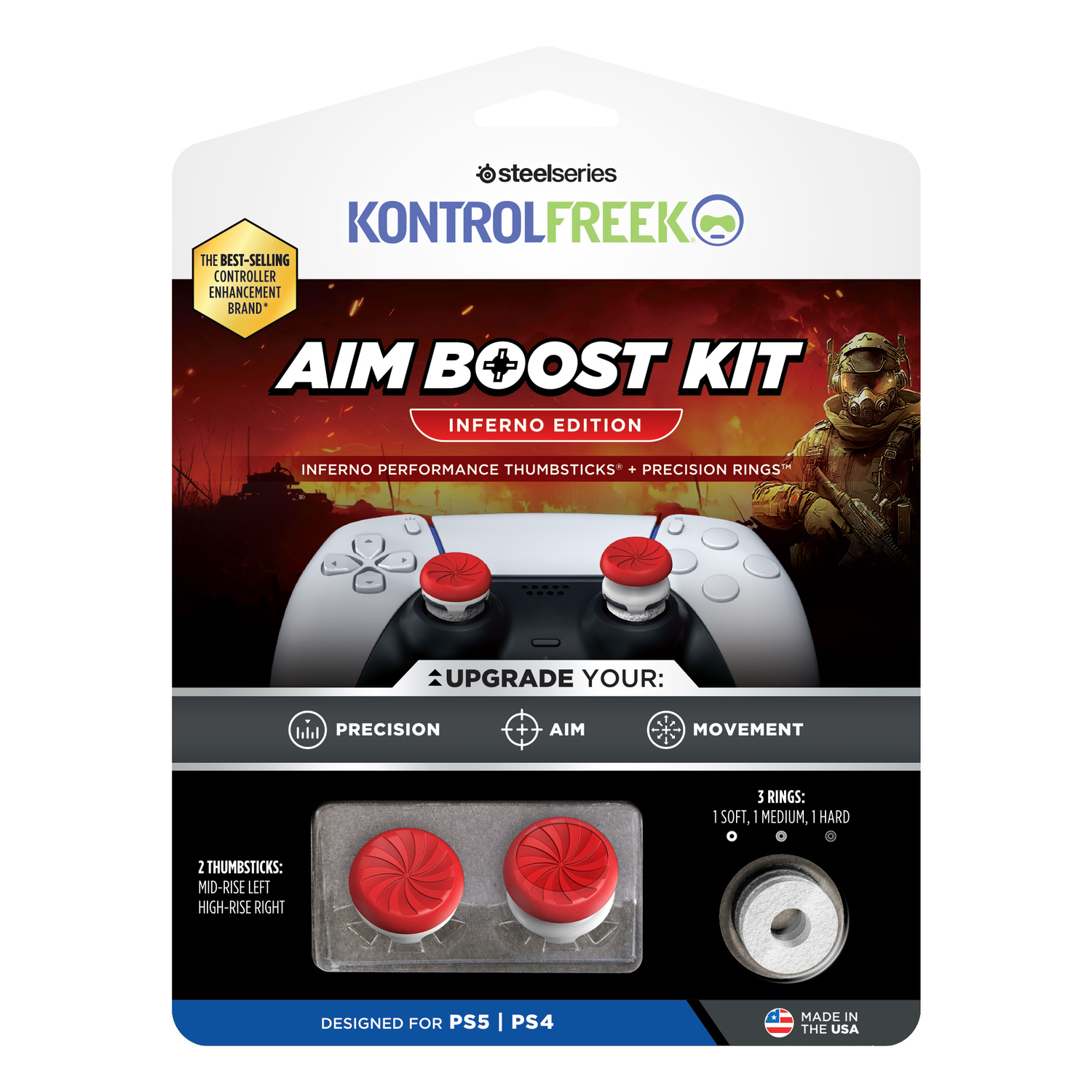 Game controller thumb grips, red and white, in a pack with a console controller.