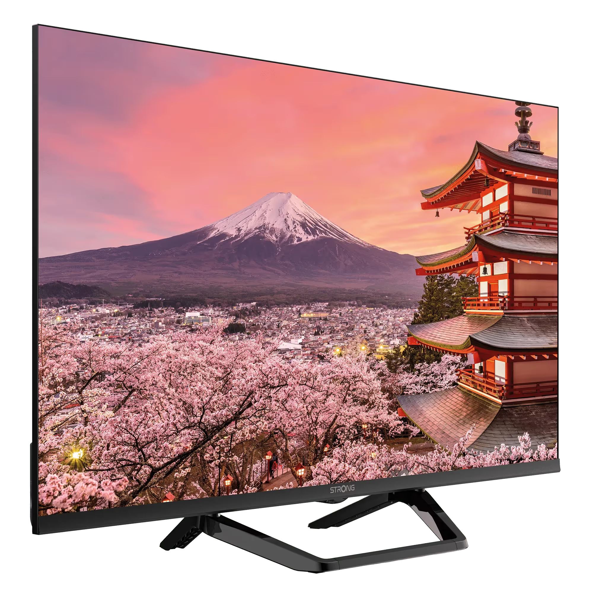 Fernseher zeigt eine japanische Szene. Berg, Pagode und rosa Kirschblüten sichtbar.