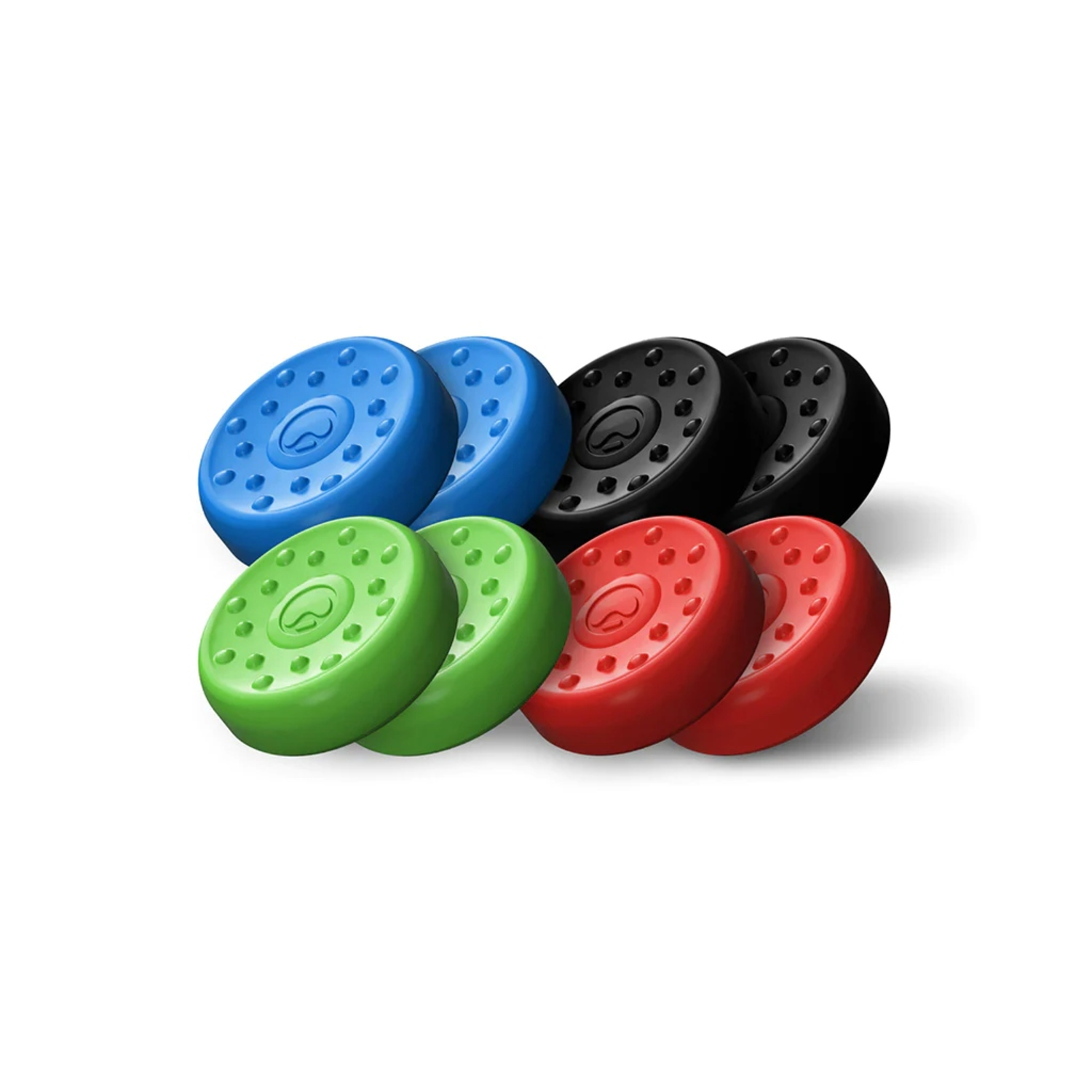 Six hockey pucks in various colors: blue, black, green, and red, on a white background.