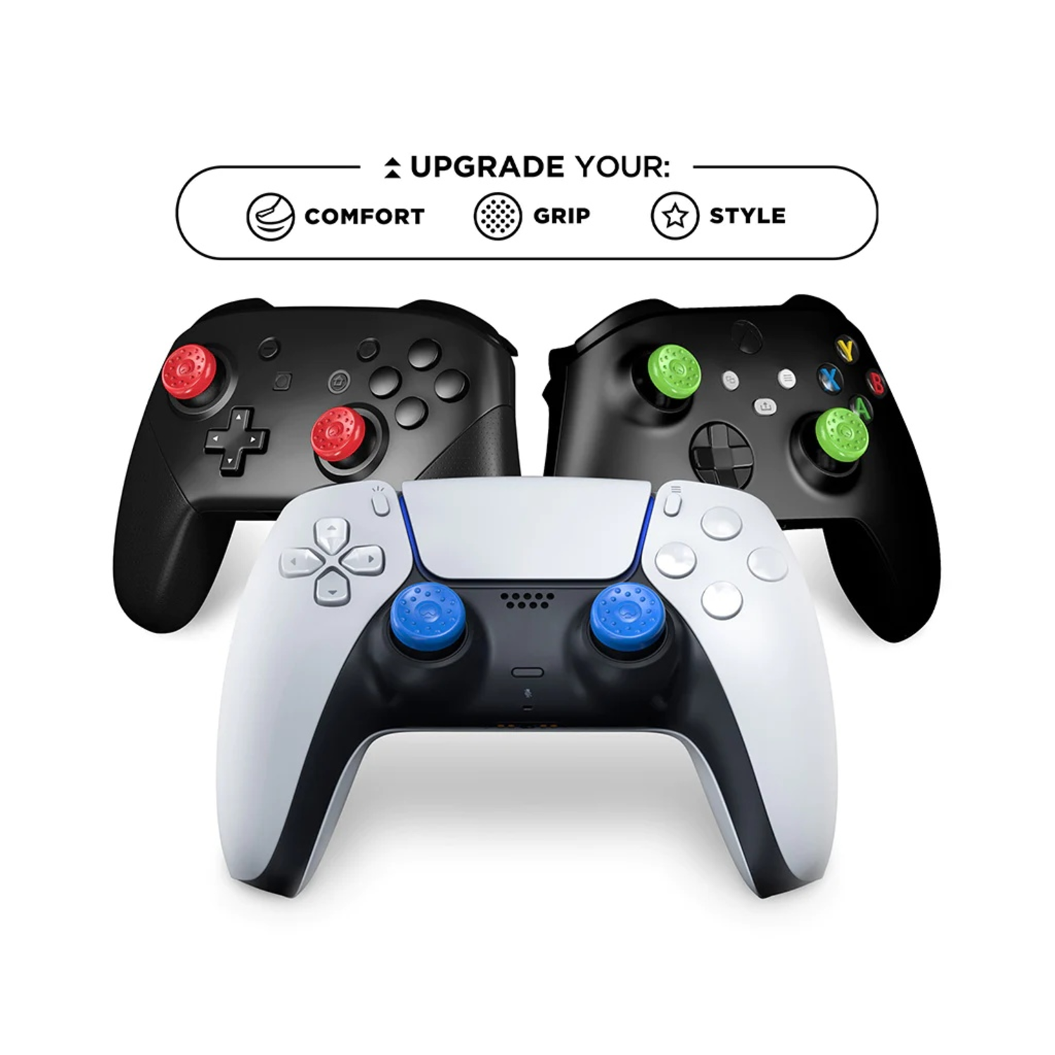Three game controllers with different colored thumbsticks, and the text 'UPGRADE YOUR: COMFORT, GRIP, STYLE'.