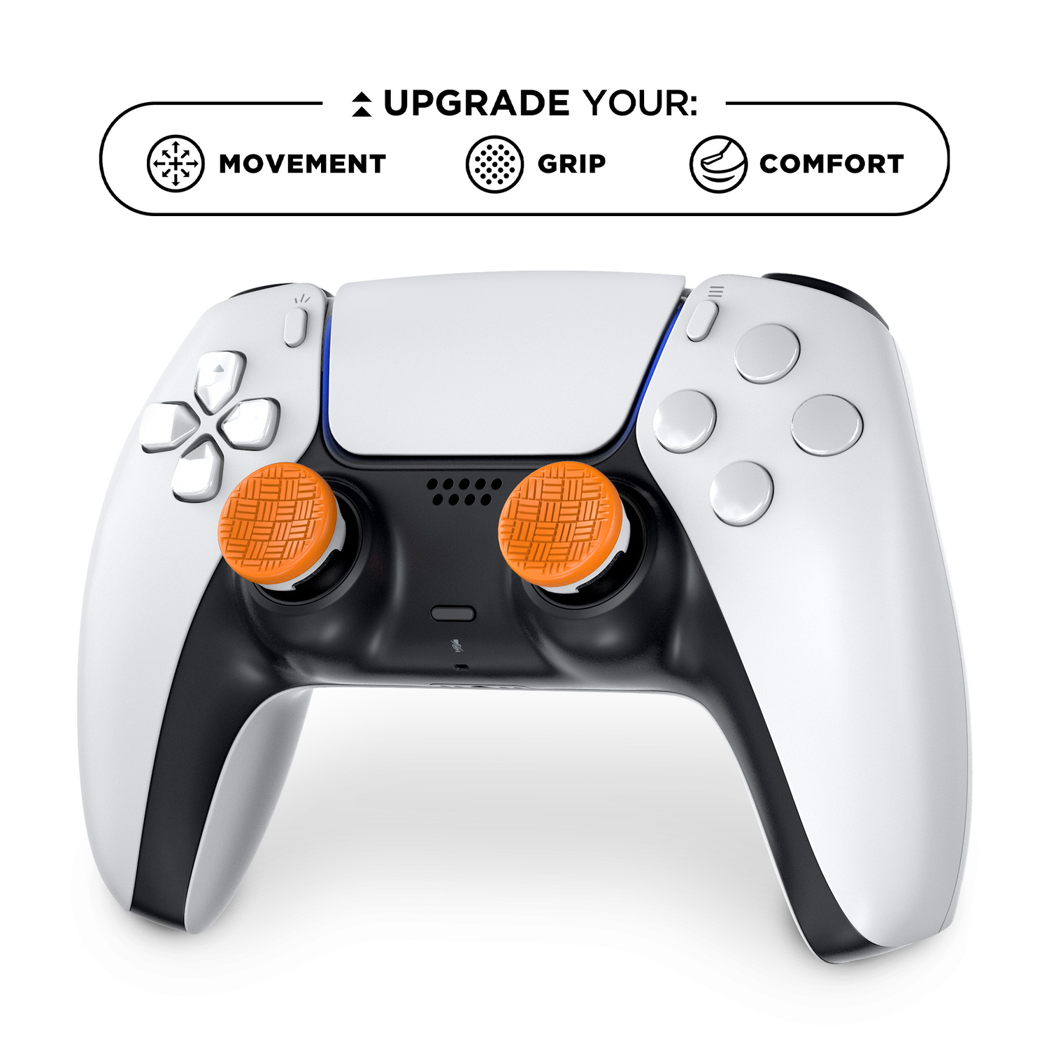 A white controller with orange thumb grips.