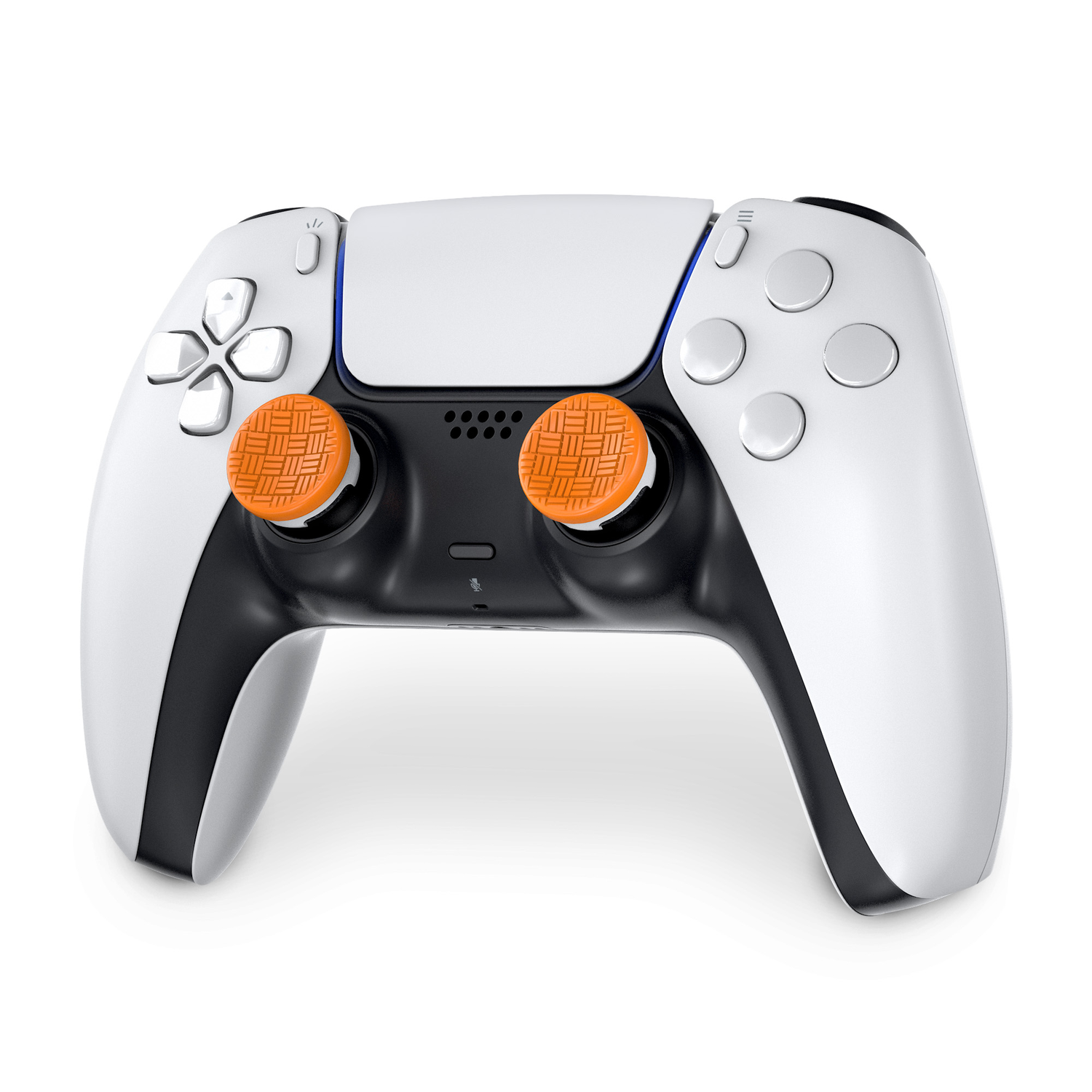 Gaming thumbstick package with orange thumbsticks, designed for PS5 and PS4 controllers.