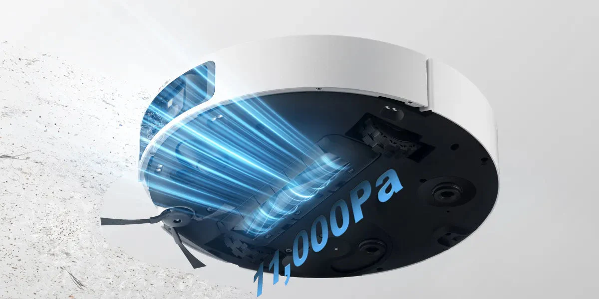 Robotporszívó alja. Kék légáramlási illusztráció, 4000Pa felirattal, és egy kefével.