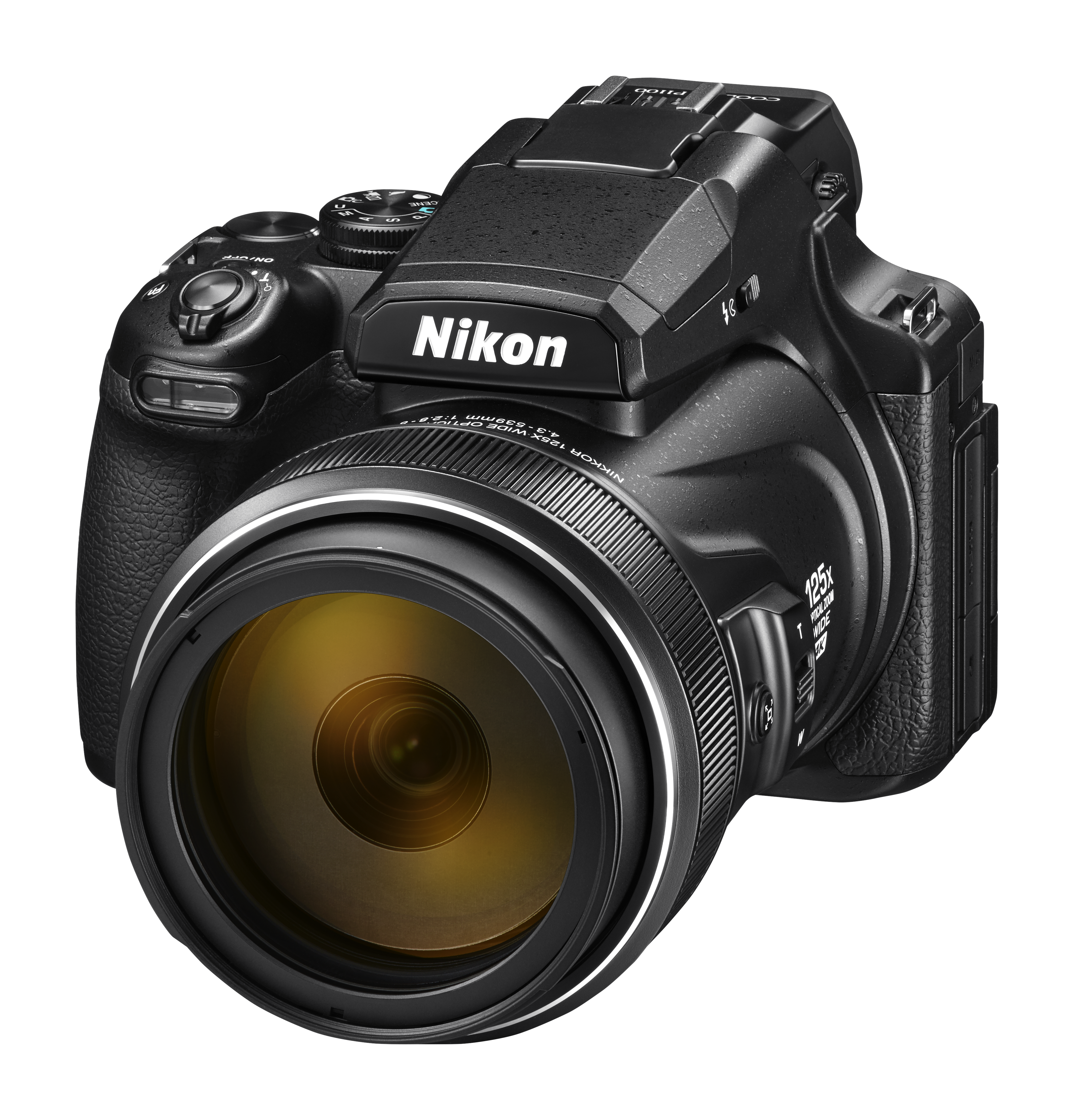 Eine schwarze Nikon-Kamera mit großem Objektiv und gelber Linse.